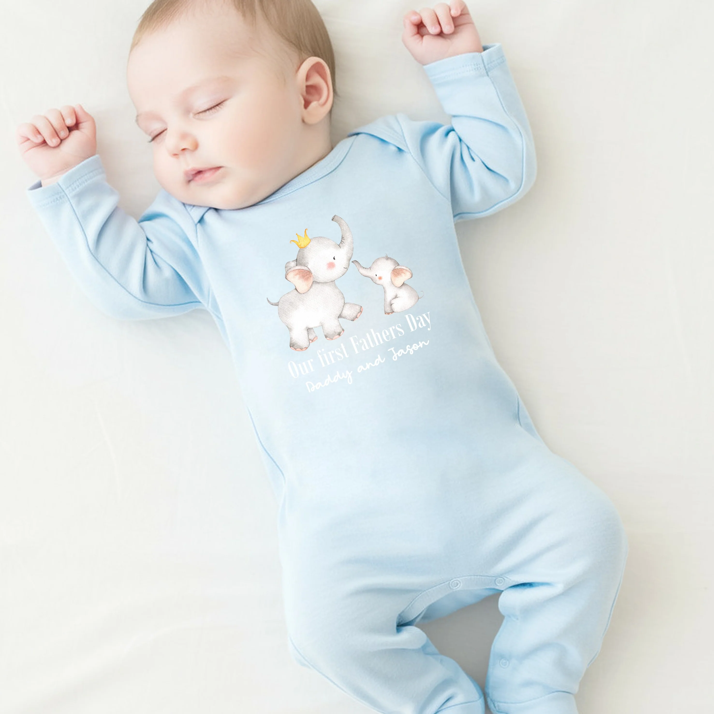 Personalised Grey Elephant First Father's Day Blue or Pink Baby Grow or Vest - Image 5