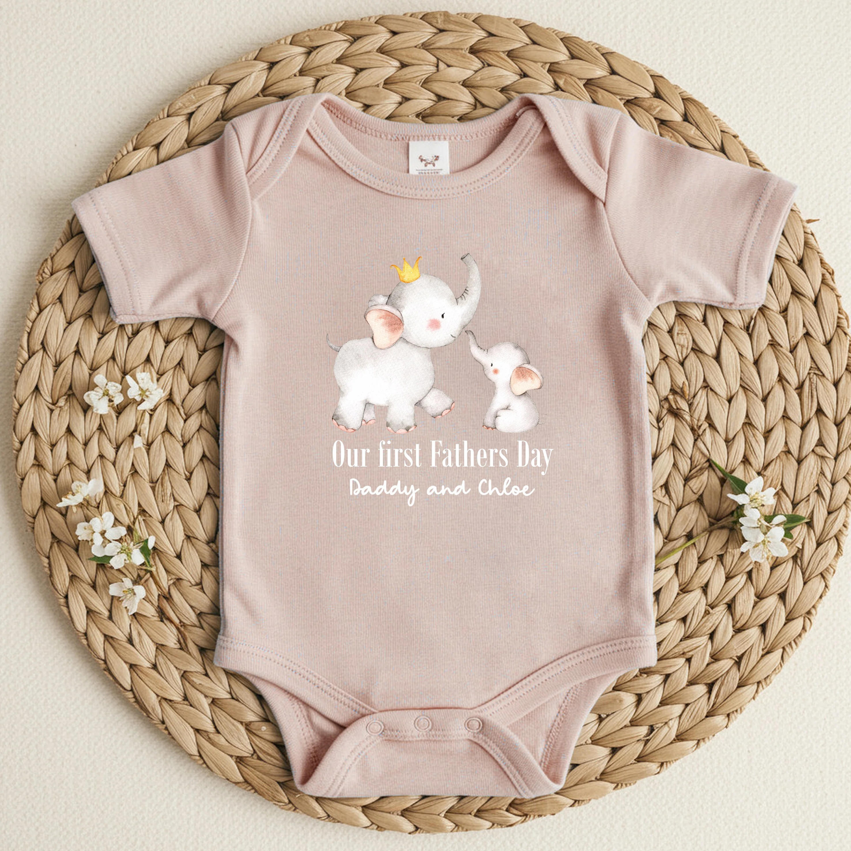 Personalised Grey Elephant First Father's Day Blue or Pink Baby Grow or Vest - Image 6
