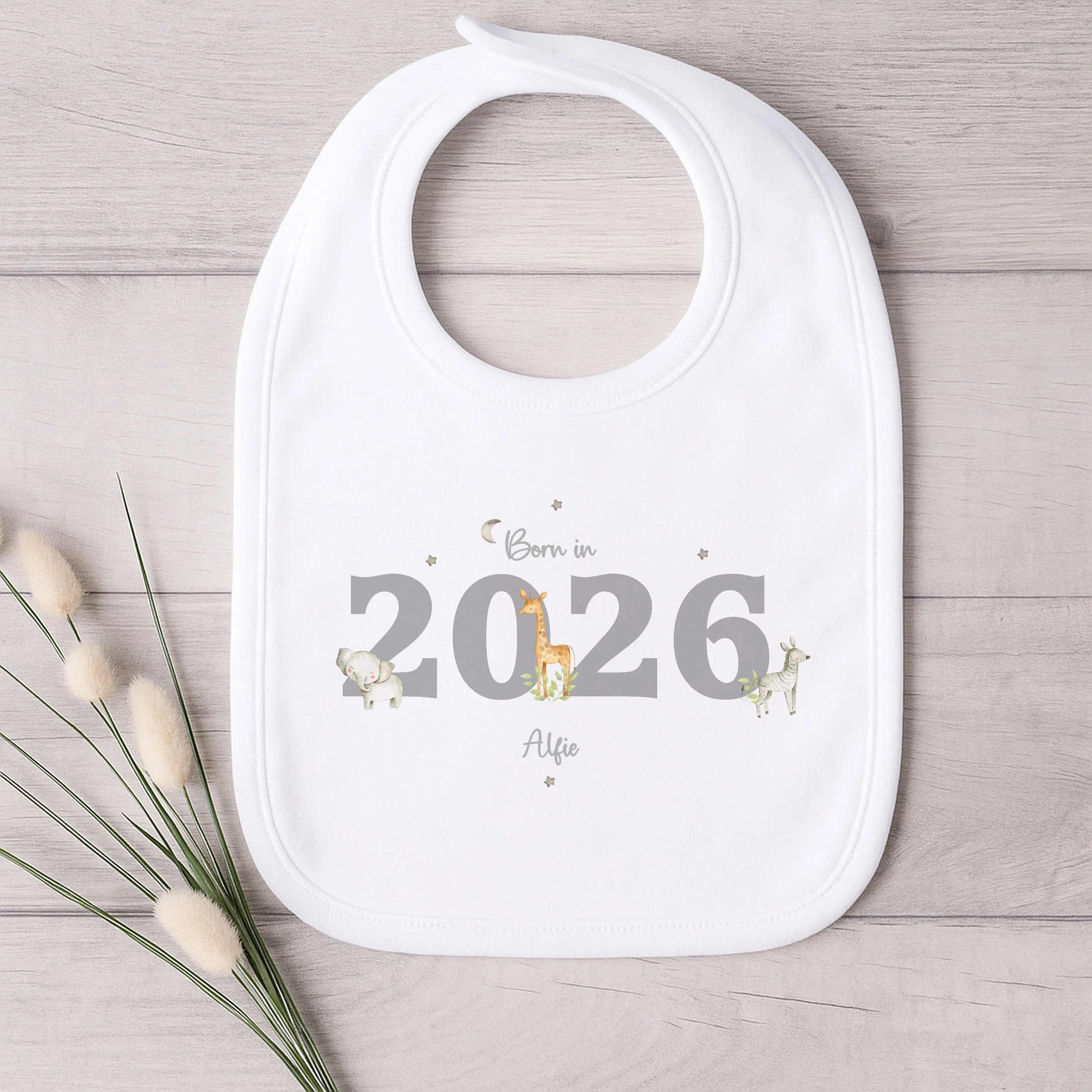 Personalised Grey Jungle Born in 2026 Baby Grow, Vest or Bib - Image 3