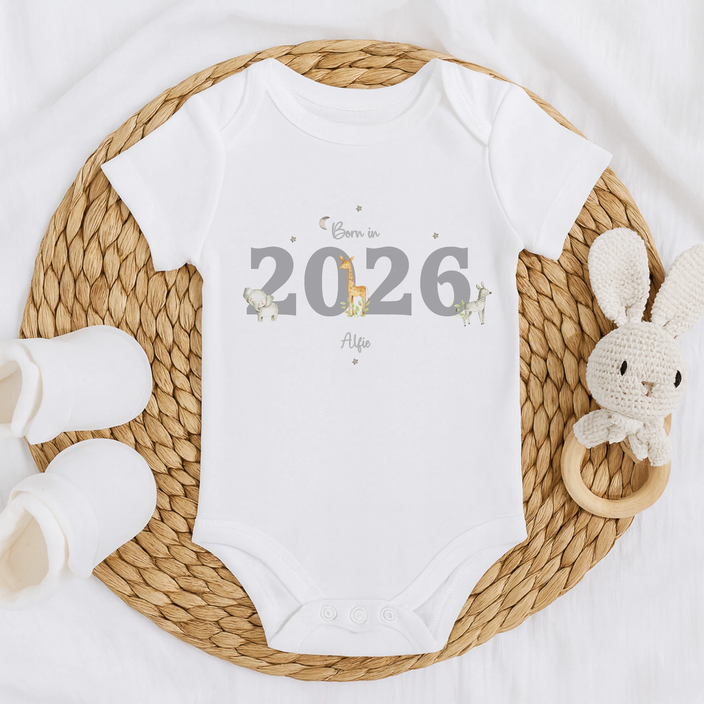 Personalised Grey Jungle Born in 2026 Baby Grow, Vest or Bib - Image 4
