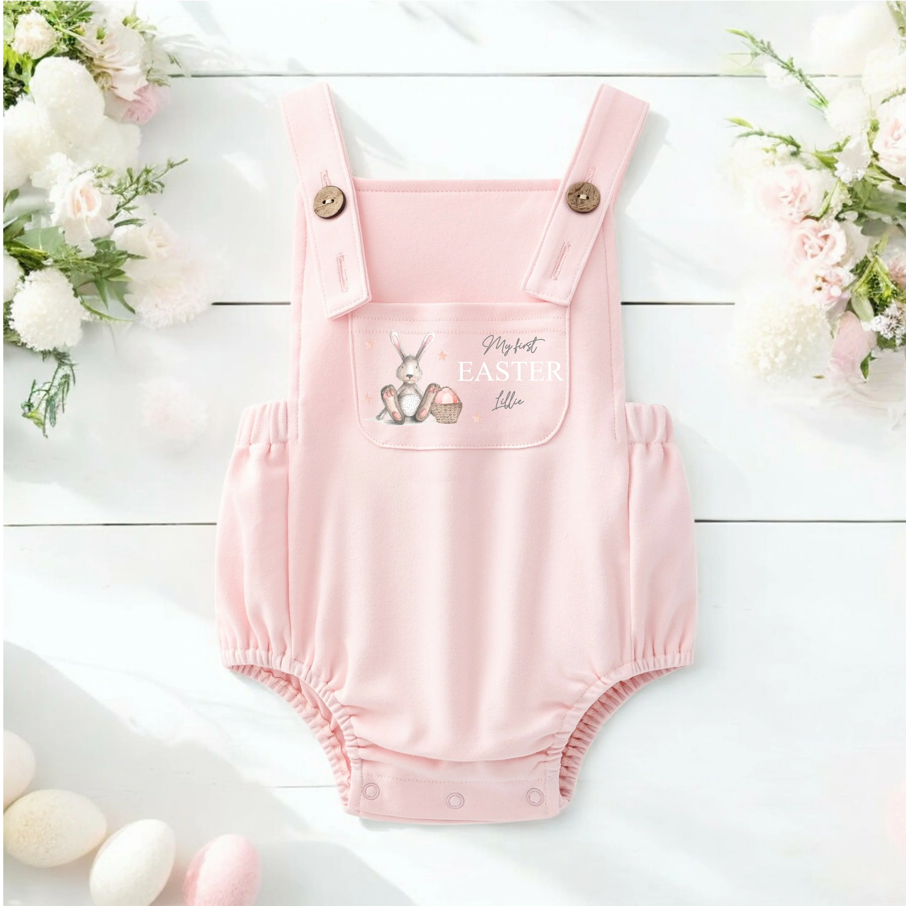 Personalised Grey Pink Bunny Happy Easter Dungarees - Image 2