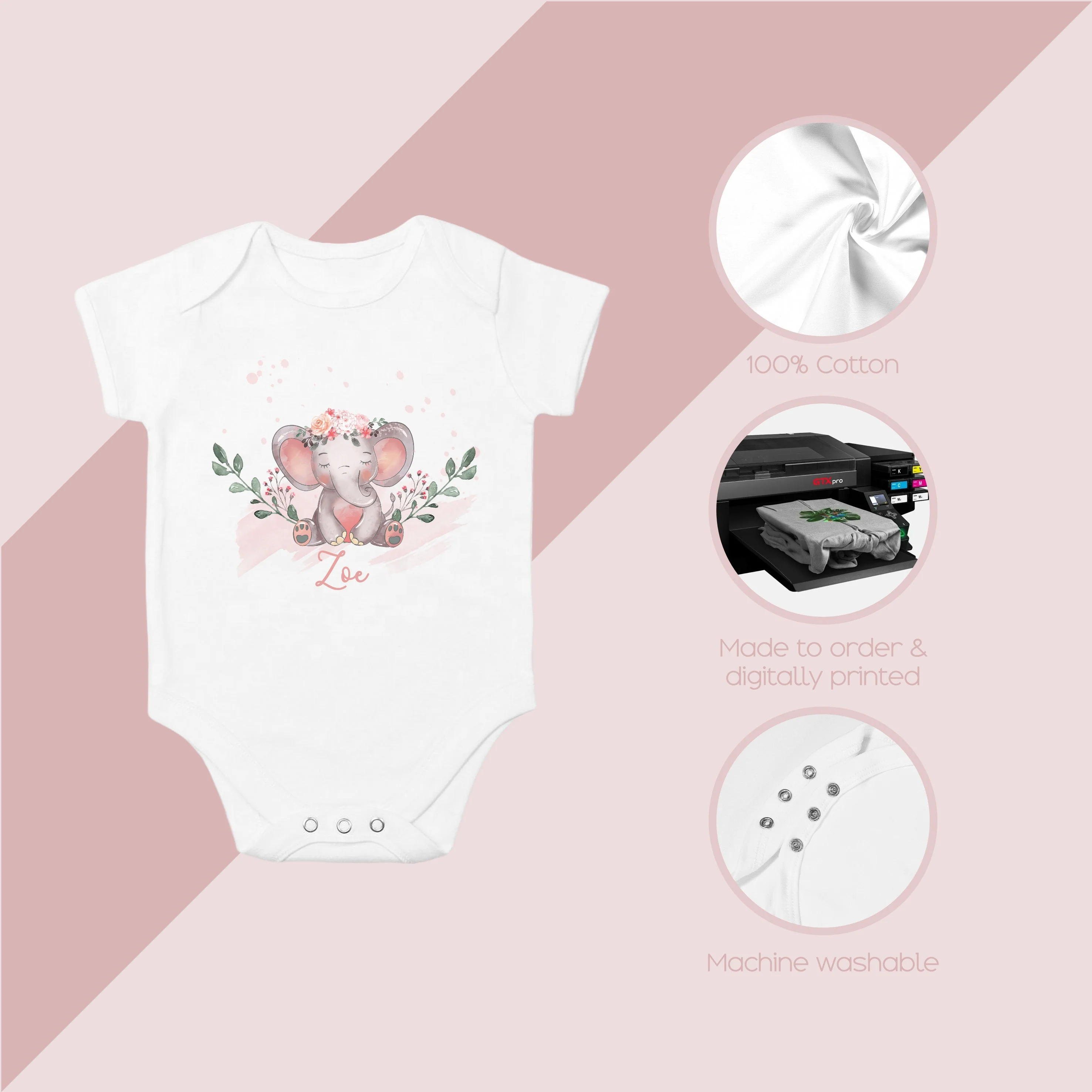 Personalised Grey Pink Elephant Splat Babygrow/Vest - Image 5