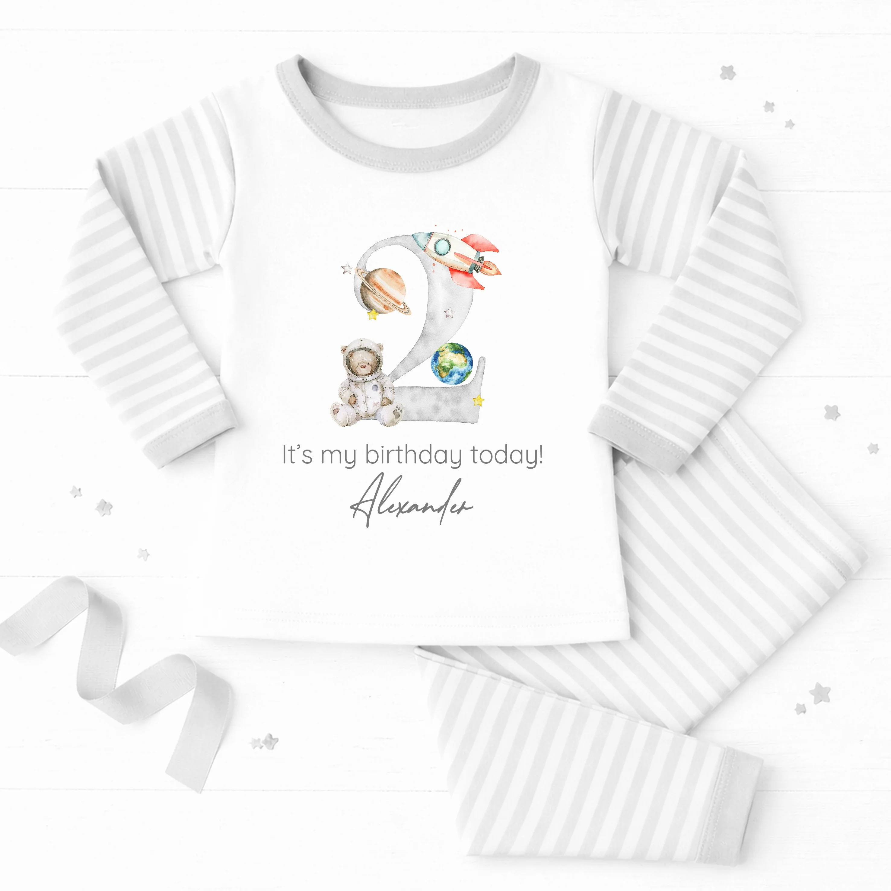 Personalised Grey Spaceman Second Birthday Pyjamas - Image 2
