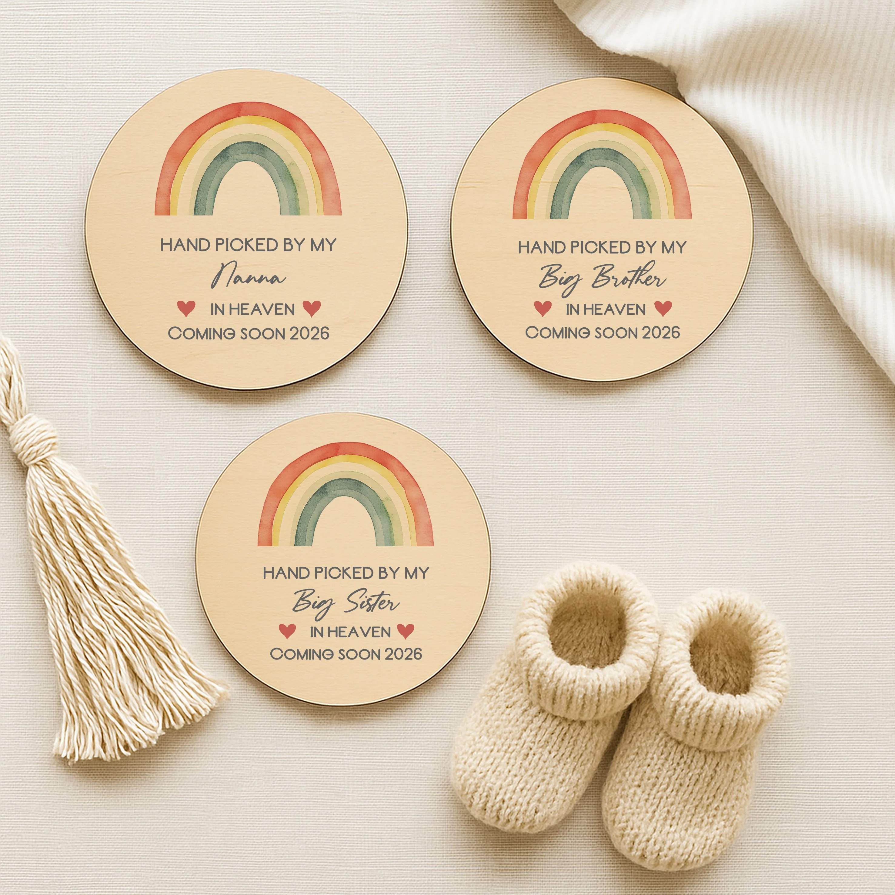 Personalised Hand Picked From Heaven Watercolour Rainbow Wooden Announcement Plaque - Image 2