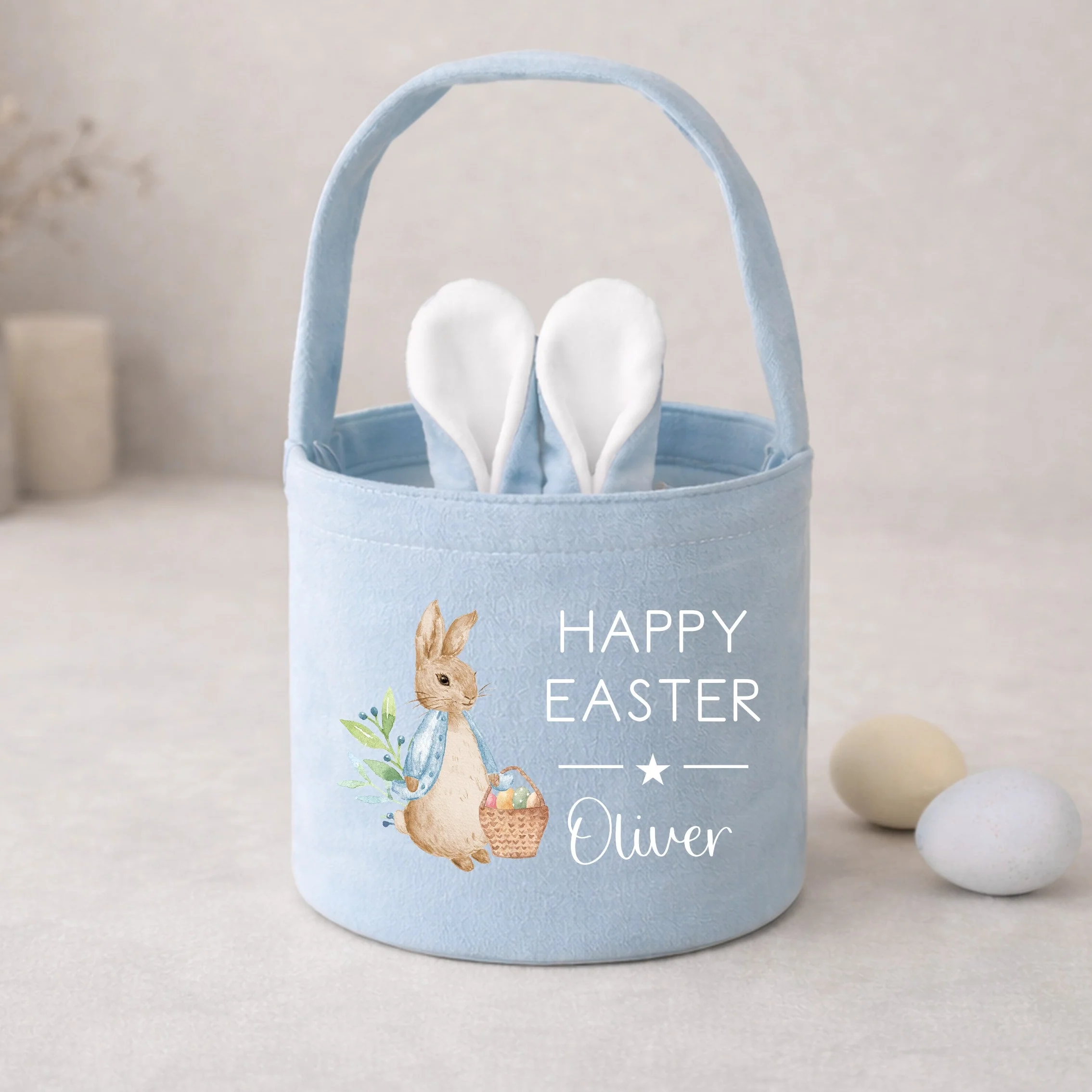 Personalised Happy Easter Blue or Pink Rabbit Bunny Basket - Image 2