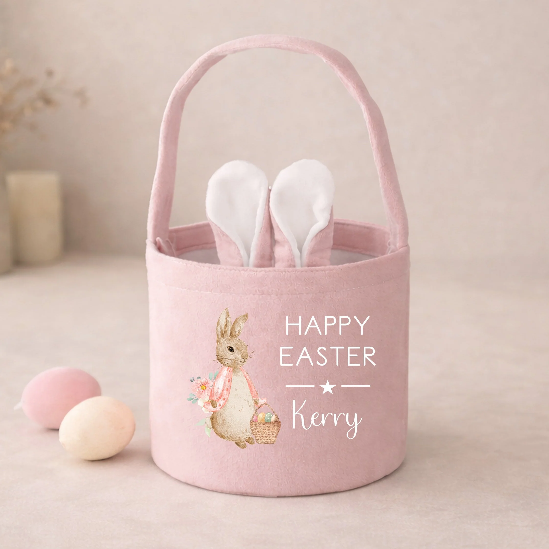 Personalised Happy Easter Blue or Pink Rabbit Bunny Basket - Image 3