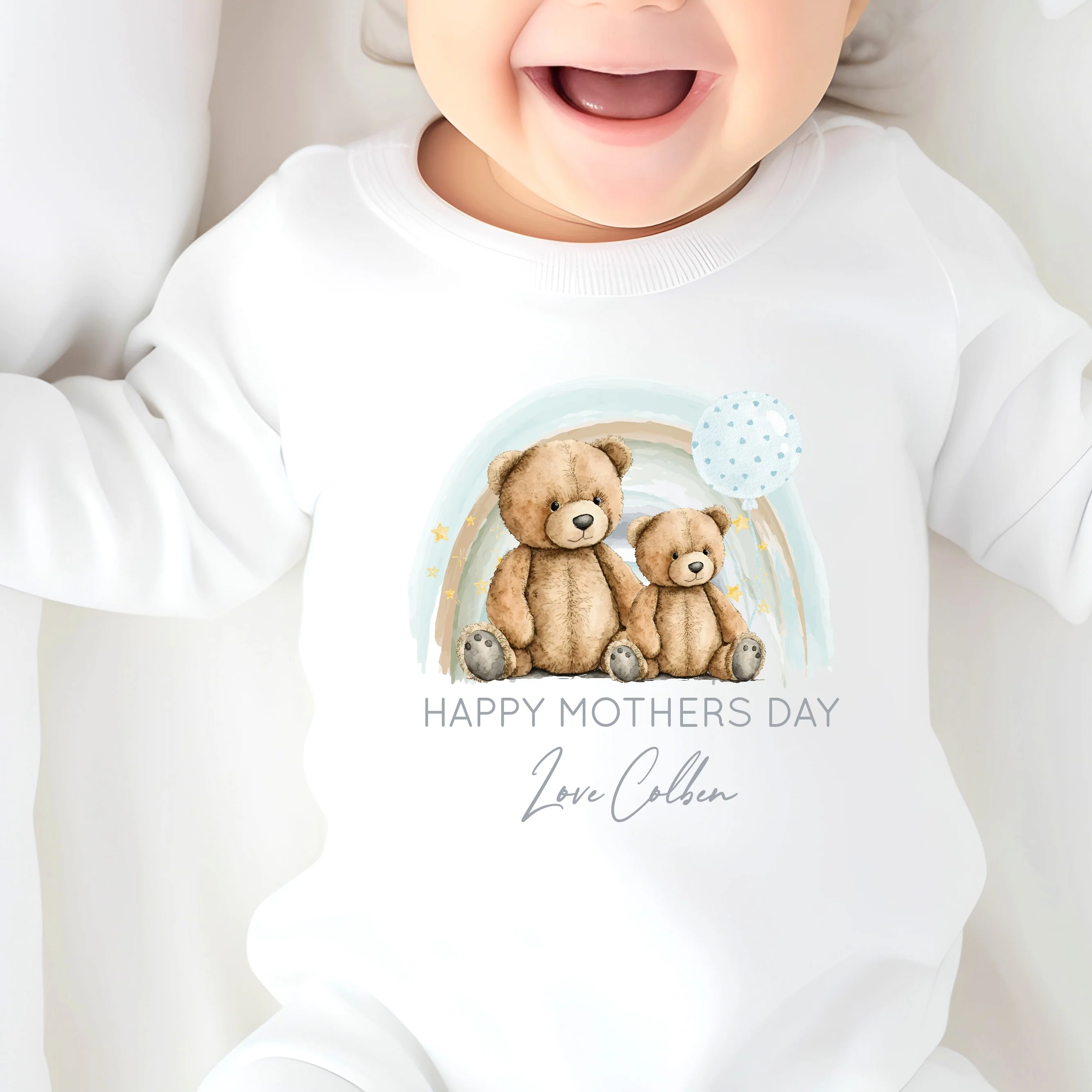 Personalised Happy Mothers Day Blue Teddy Bear Baby Grow or Vest - Image 3