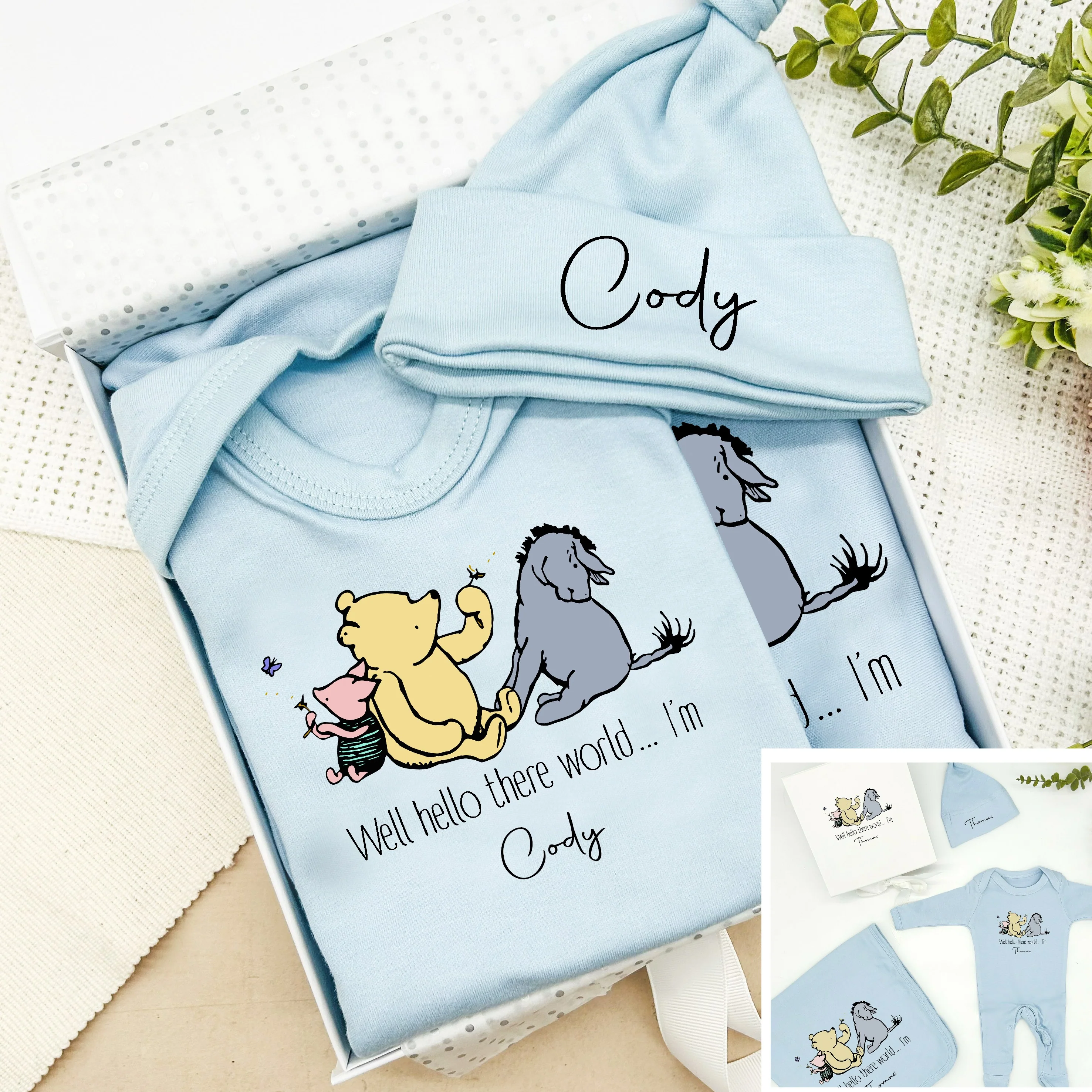 Personalised Hello There Pooh Bear Blue Hamper Clothing Gift Set