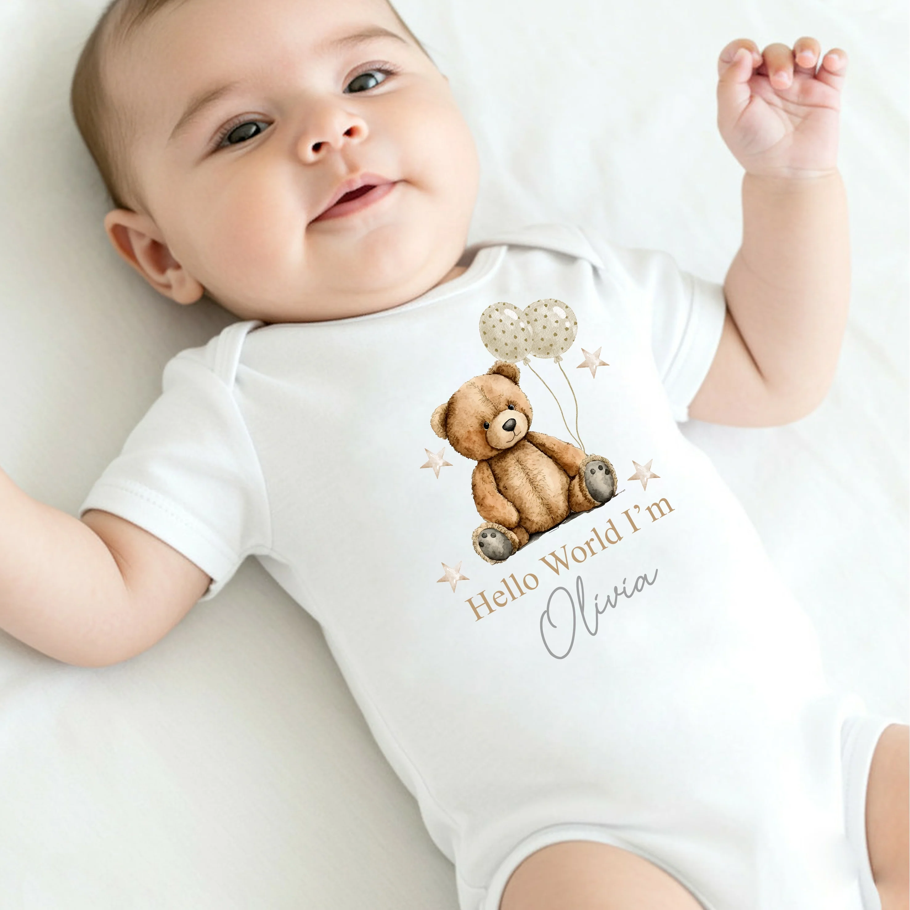 Personalised Hello World Beige Teddy Babygrow/Vest - Image 3