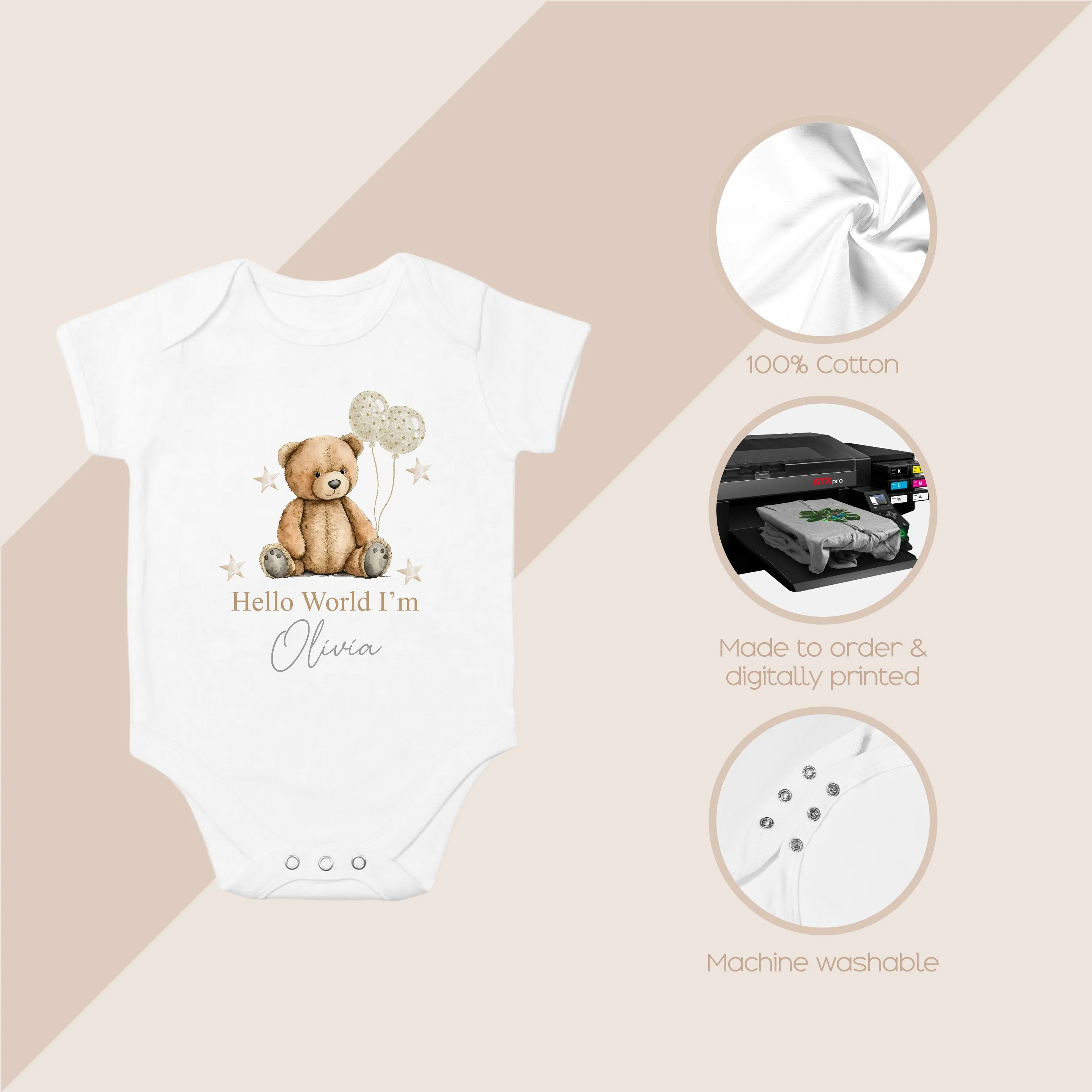 Personalised Hello World Beige Teddy Babygrow/Vest - Image 4