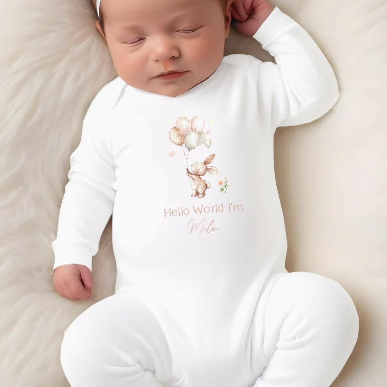 Personalised Hello World Bunny Babygrow/Vest/Bib