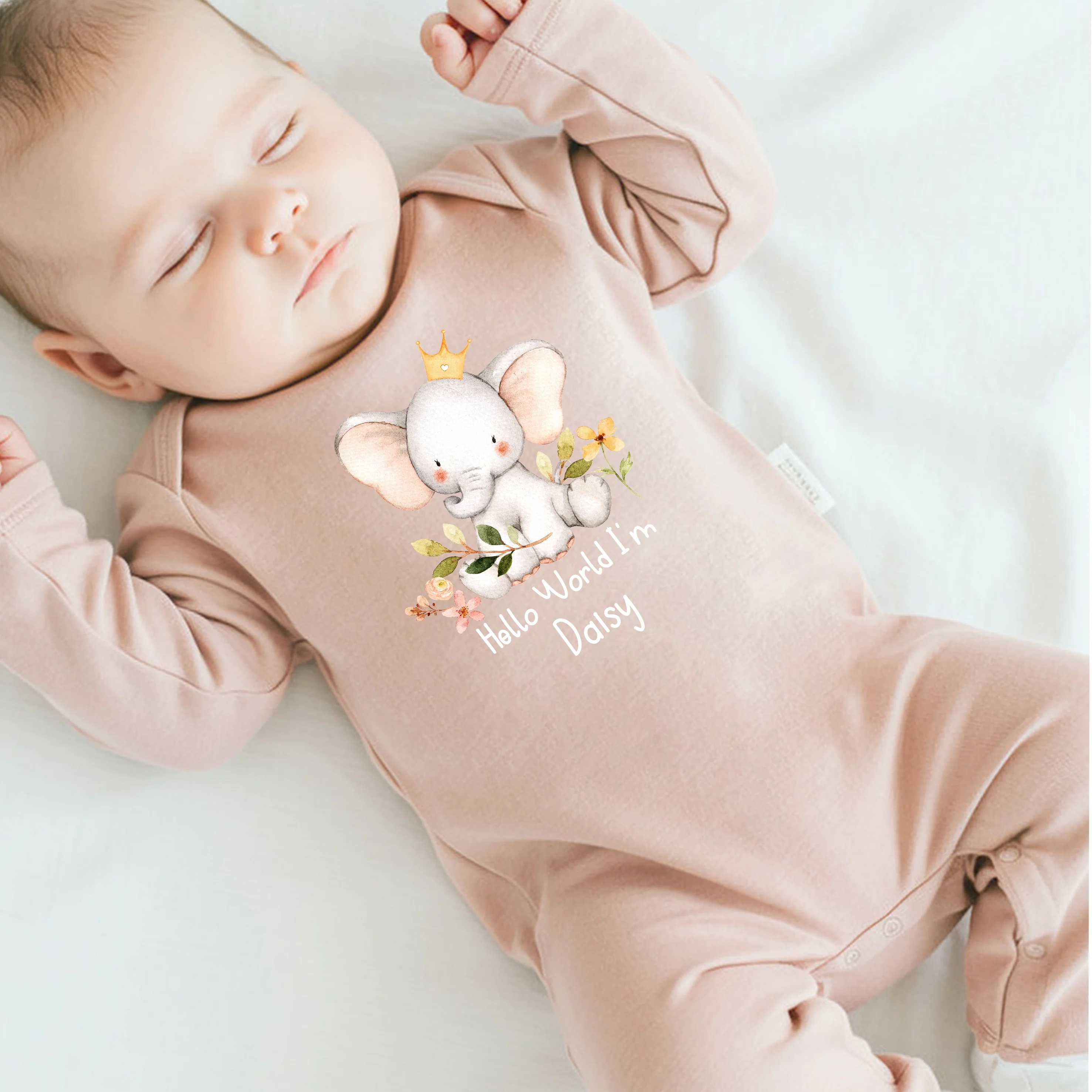 Personalised Hello World Elephant Pink Babygrow With Optional Matching Accessories