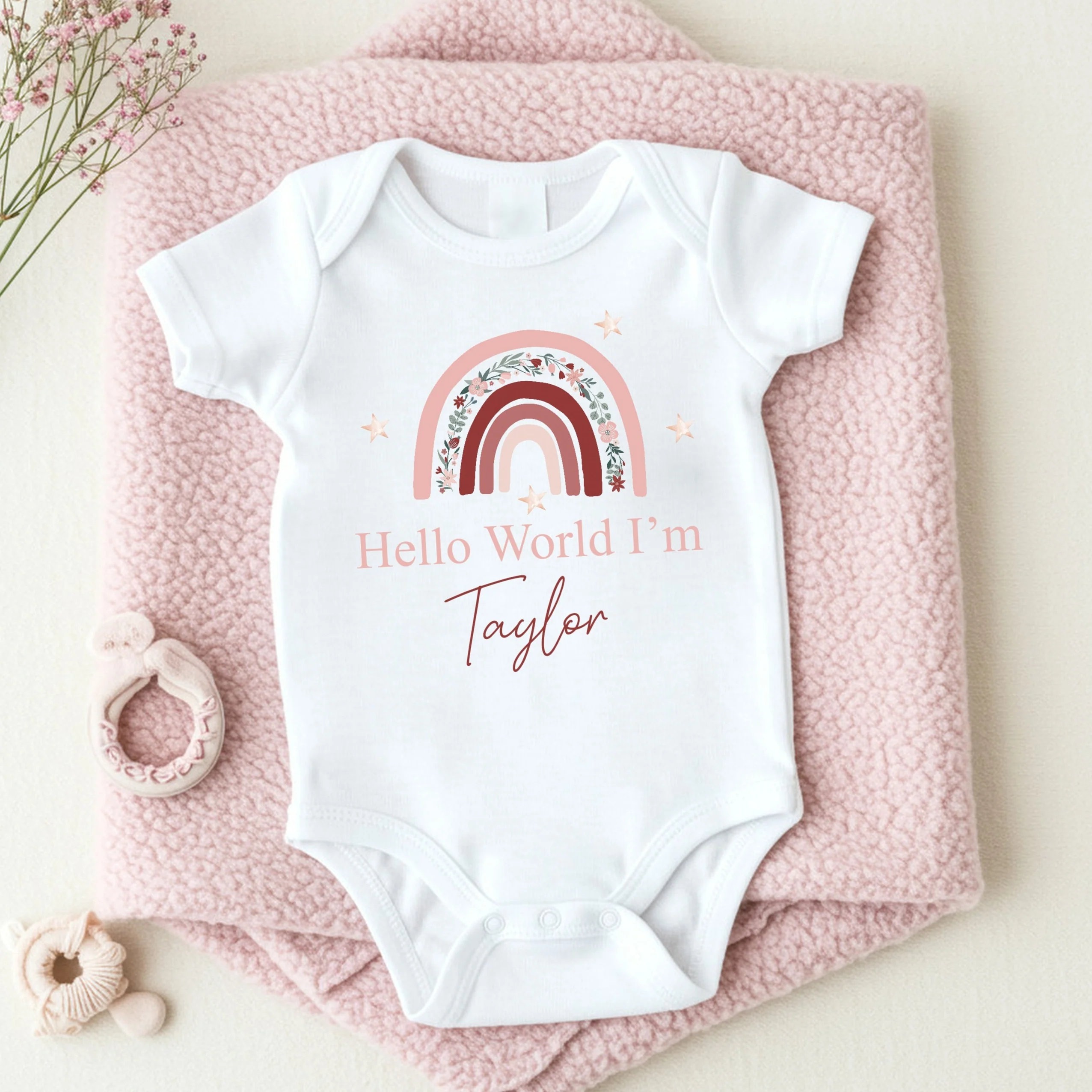 Personalised Hello World Pink Rainbow Babygrow/Vest