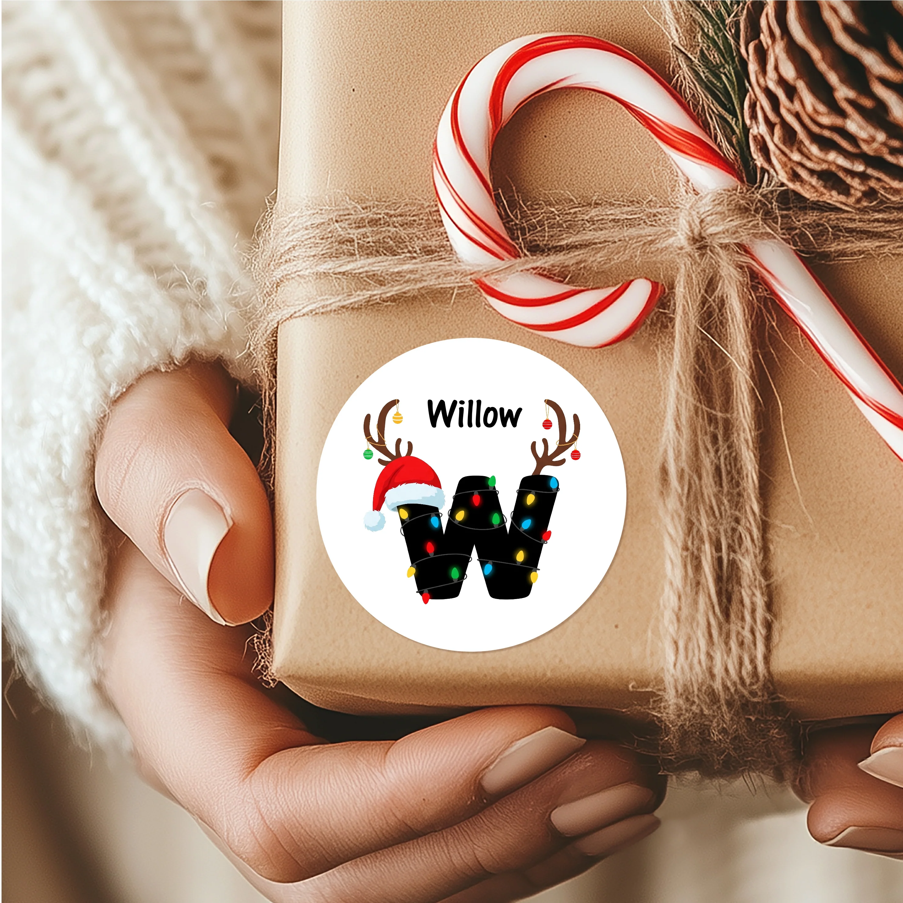 Personalised Initial Reindeer Lights Christmas Stickers - Image 2