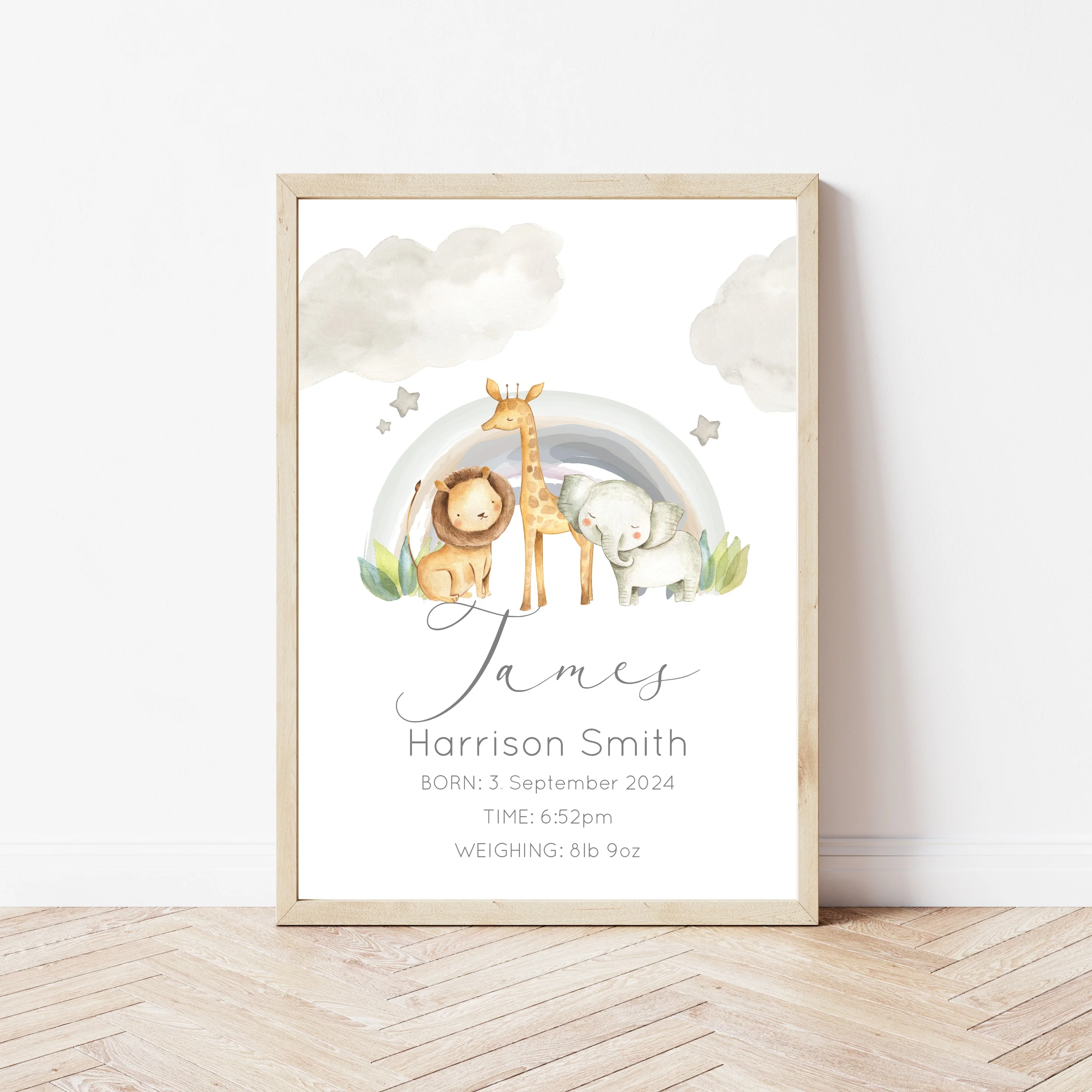 Personalised Jungle Rainbow Birth Stats Wall Art