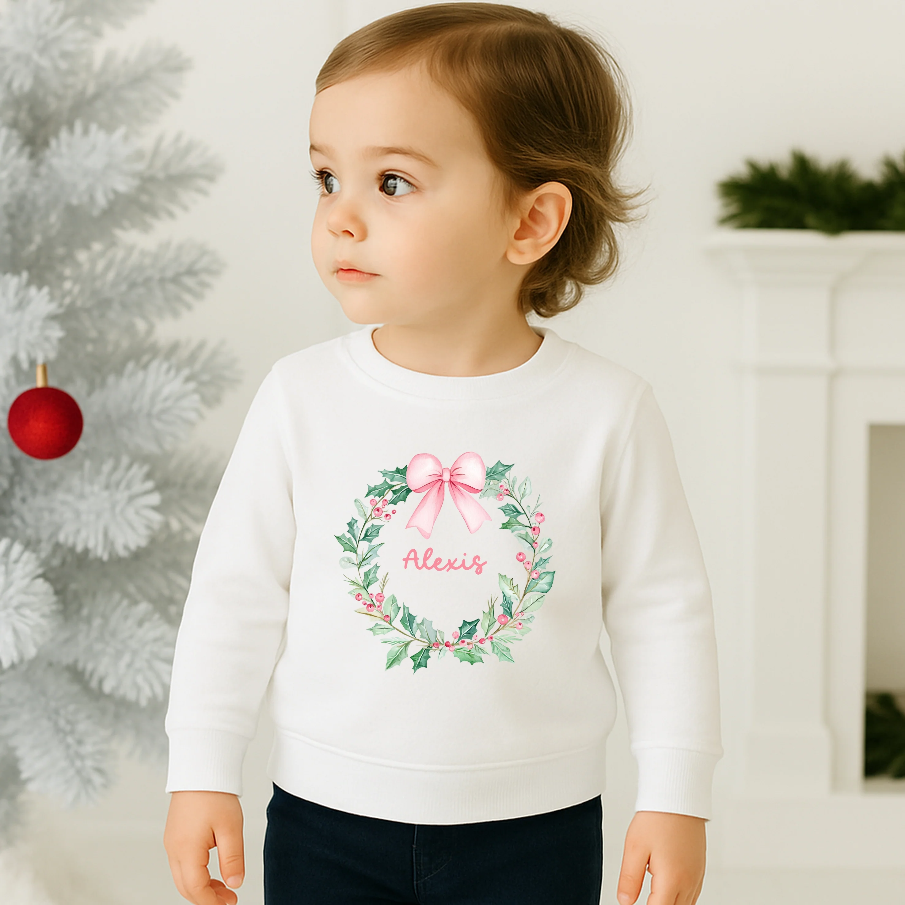 Personalised Kids Pink Wreath Christmas Jumper - Image 4