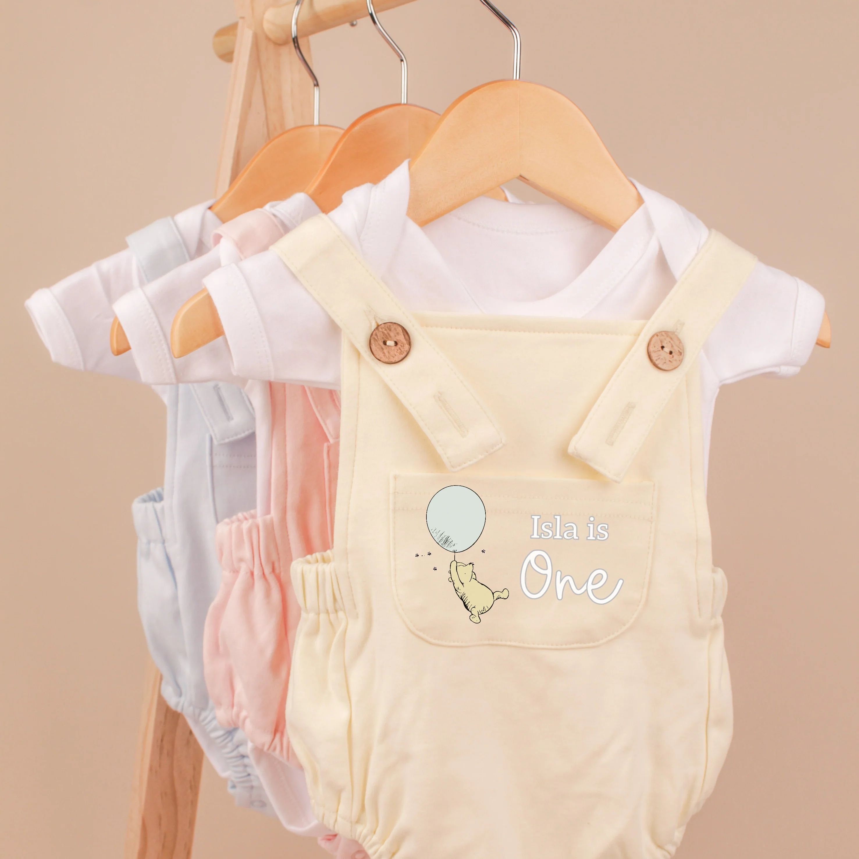 Personalised Lemon Yellow Pooh Bear First Birthday Dungarees - Image 2