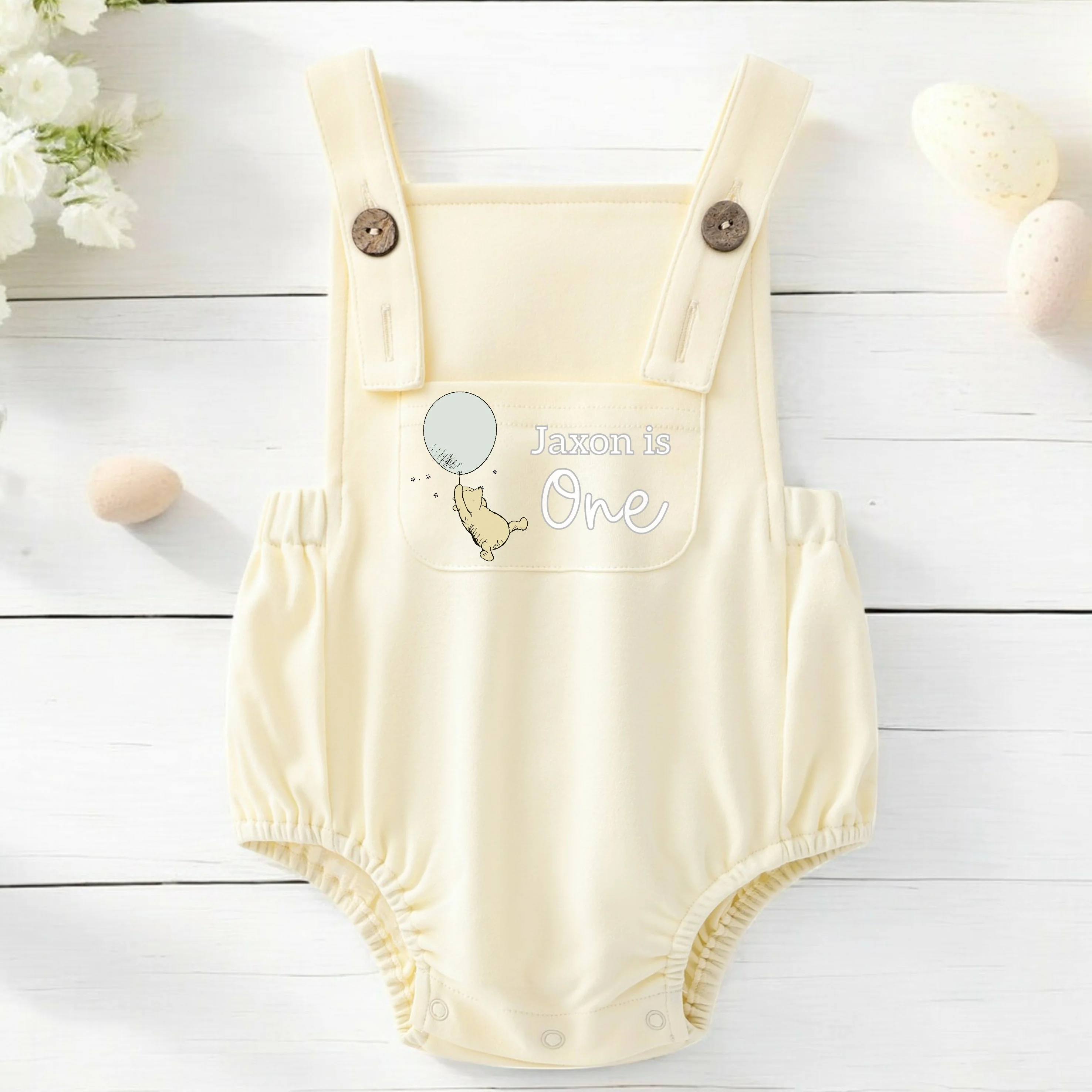 Personalised Lemon Yellow Pooh Bear First Birthday Dungarees