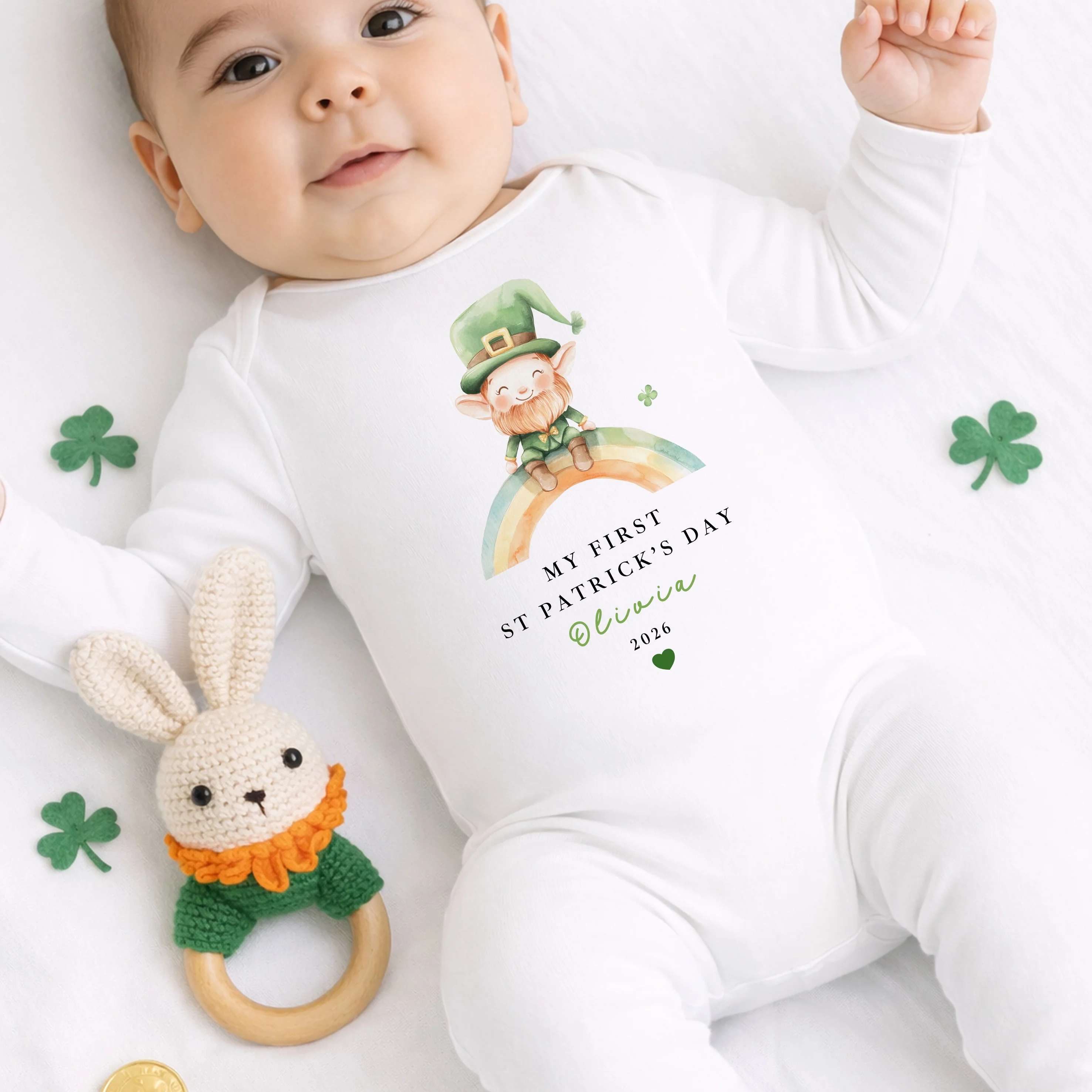 Personalised Leprechaun Rainbow My First St Patricks Day Baby Grow, Vest or Bib - Image 3