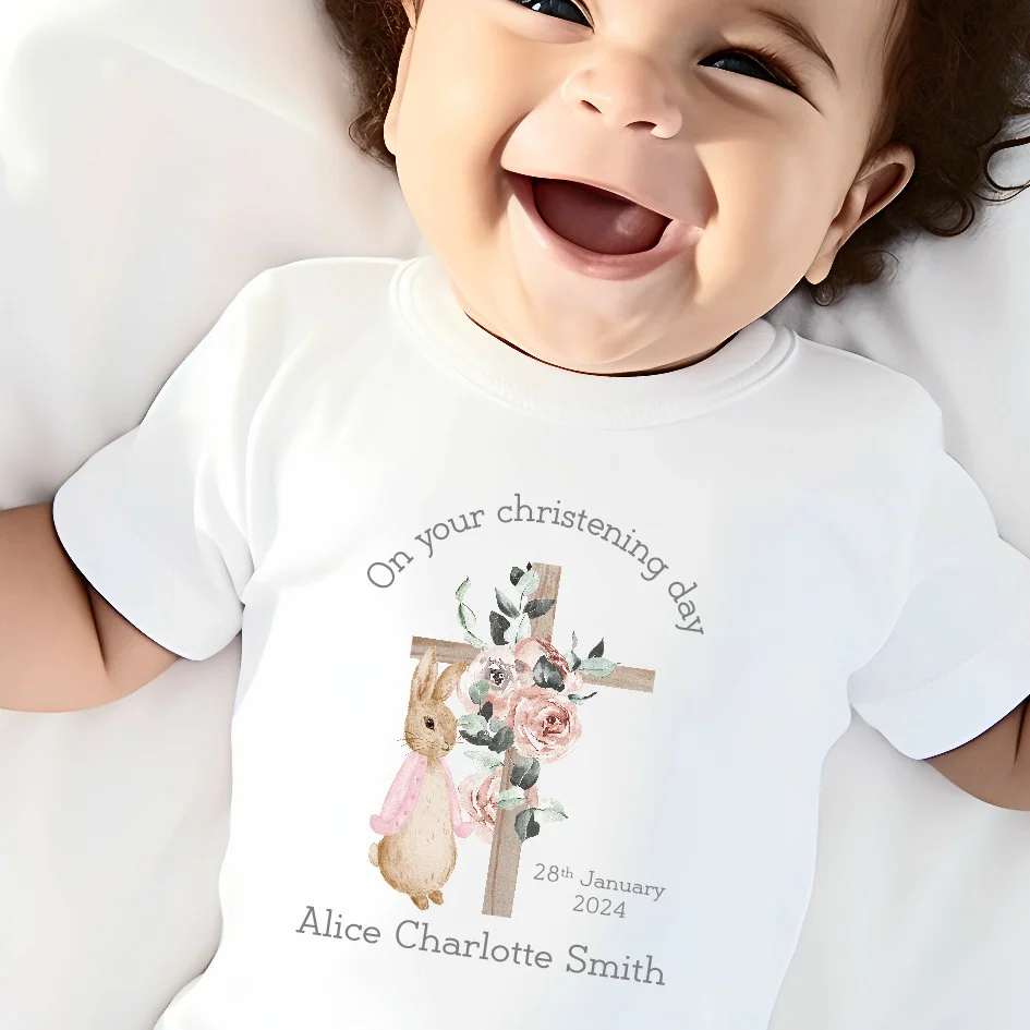 Personalised Light Pink Rabbit Christening Babygrow/Vest - Image 2