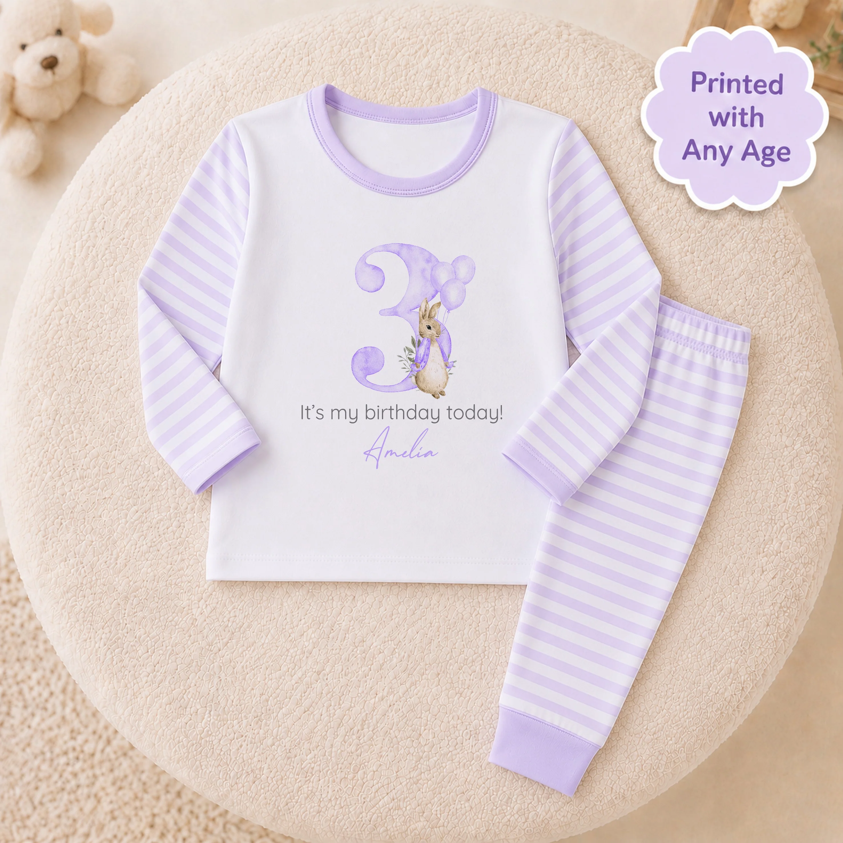 Personalised Lilac Rabbit Any Age Birthday Pyjamas