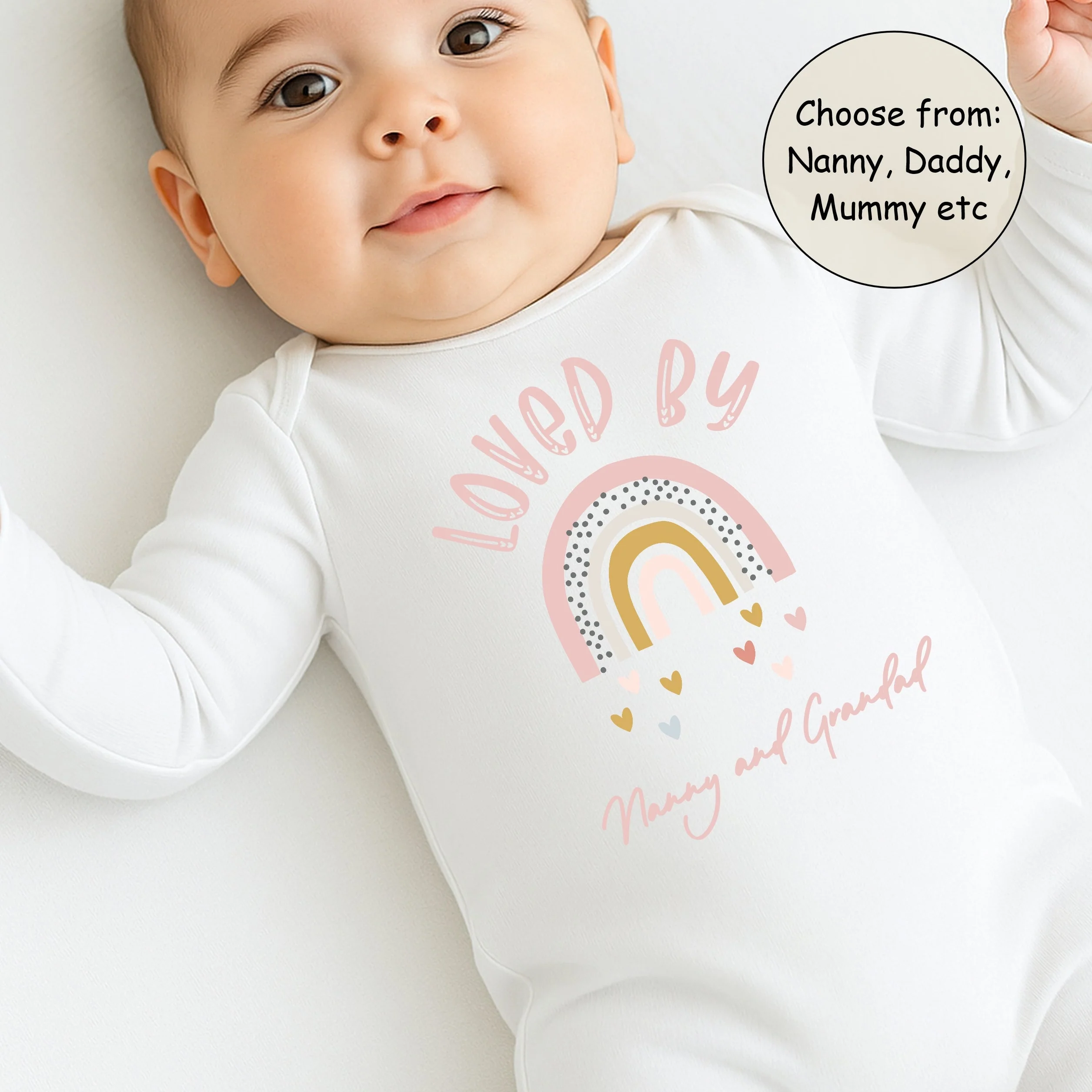 Personalised Loved By Nanny Pink Rainbow Baby Grow or Vest