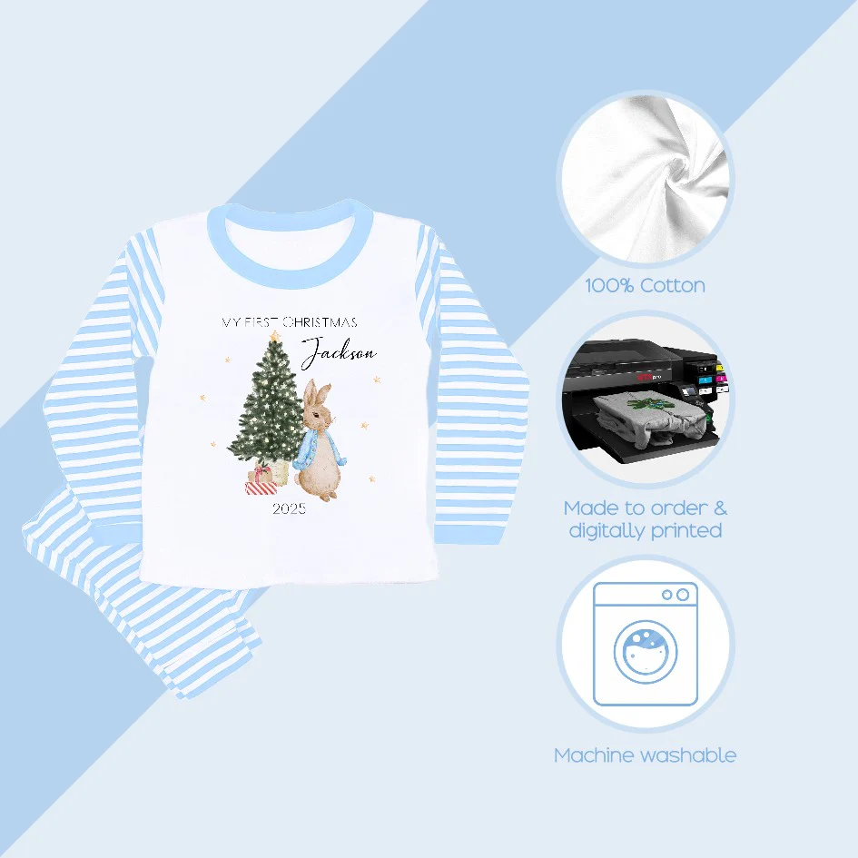Personalised Merry Christmas Blue Rabbit Blue Stripe Pyjamas - Image 3