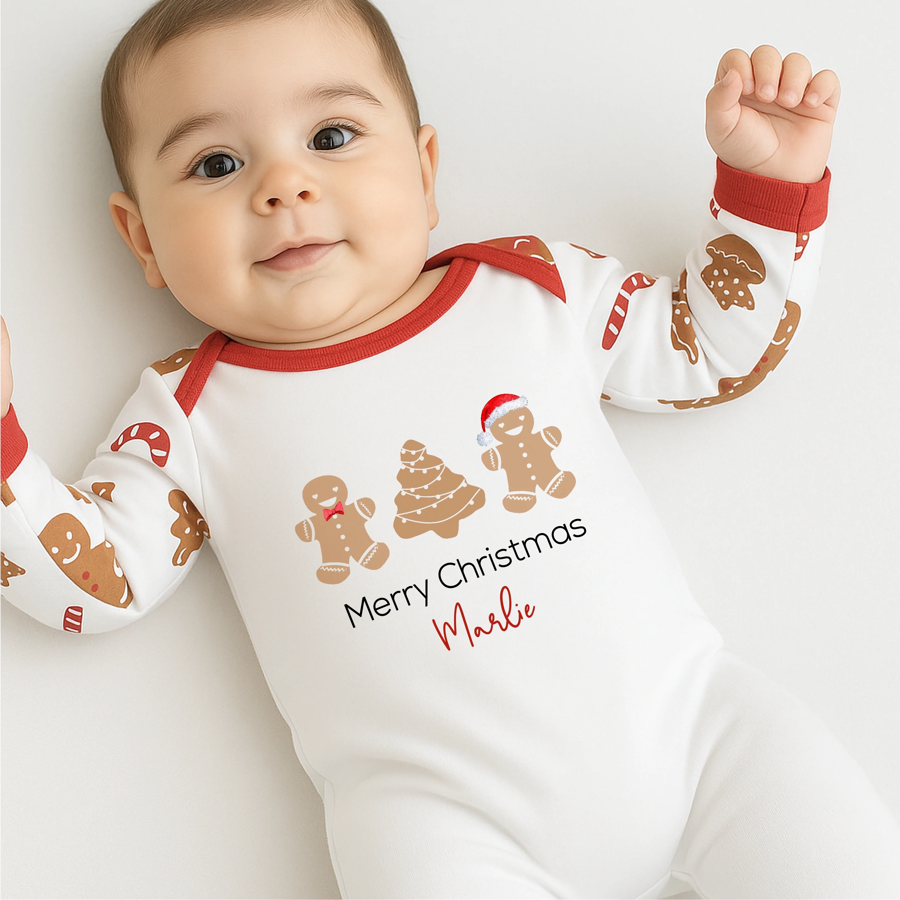 Personalised Merry Christmas Sibling Matching Gingerbread Pyjamas/Babygrow - Image 2