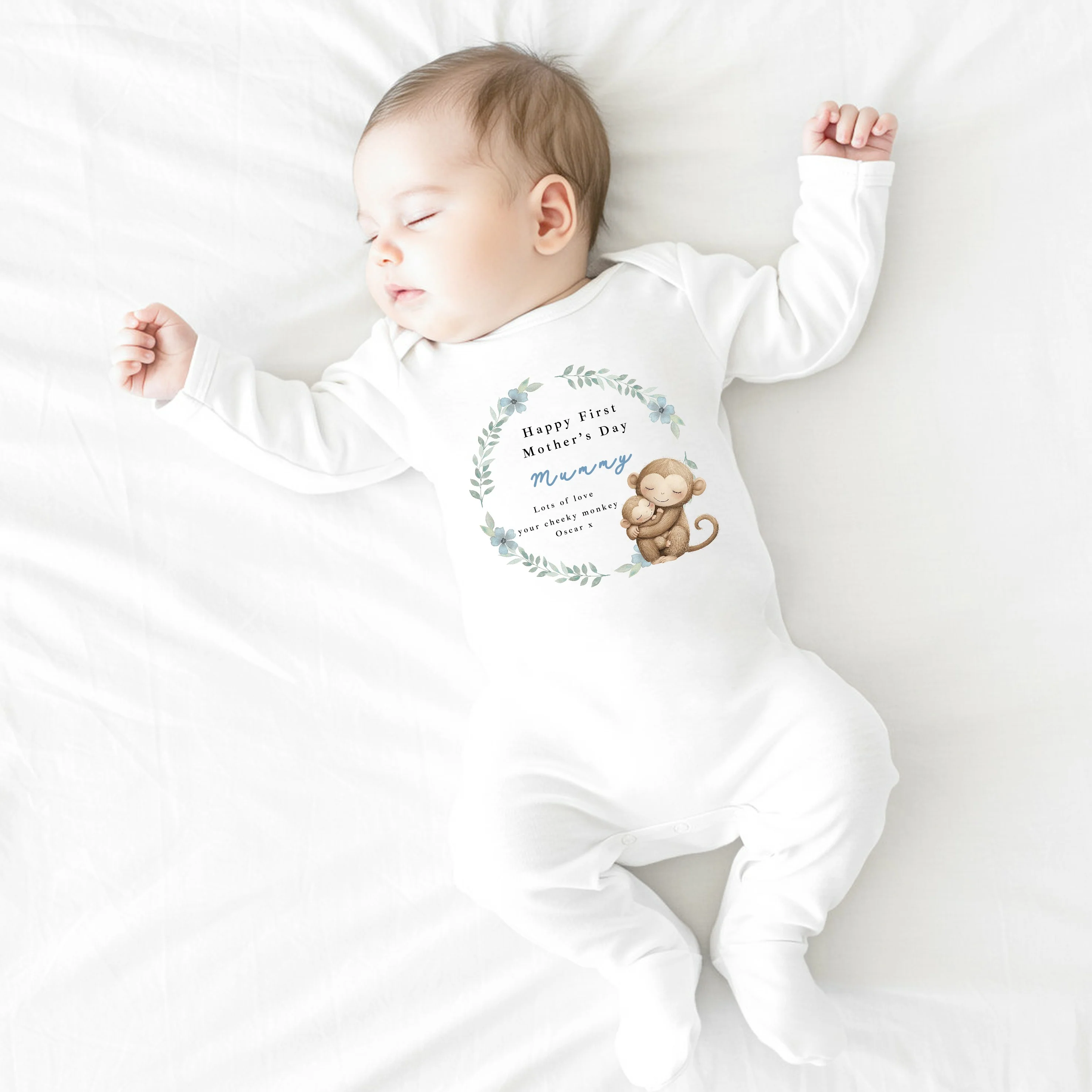 Personalised Monkey Wreath Happy First Mother's Day Baby Grow, Vest or Bib - Image 2