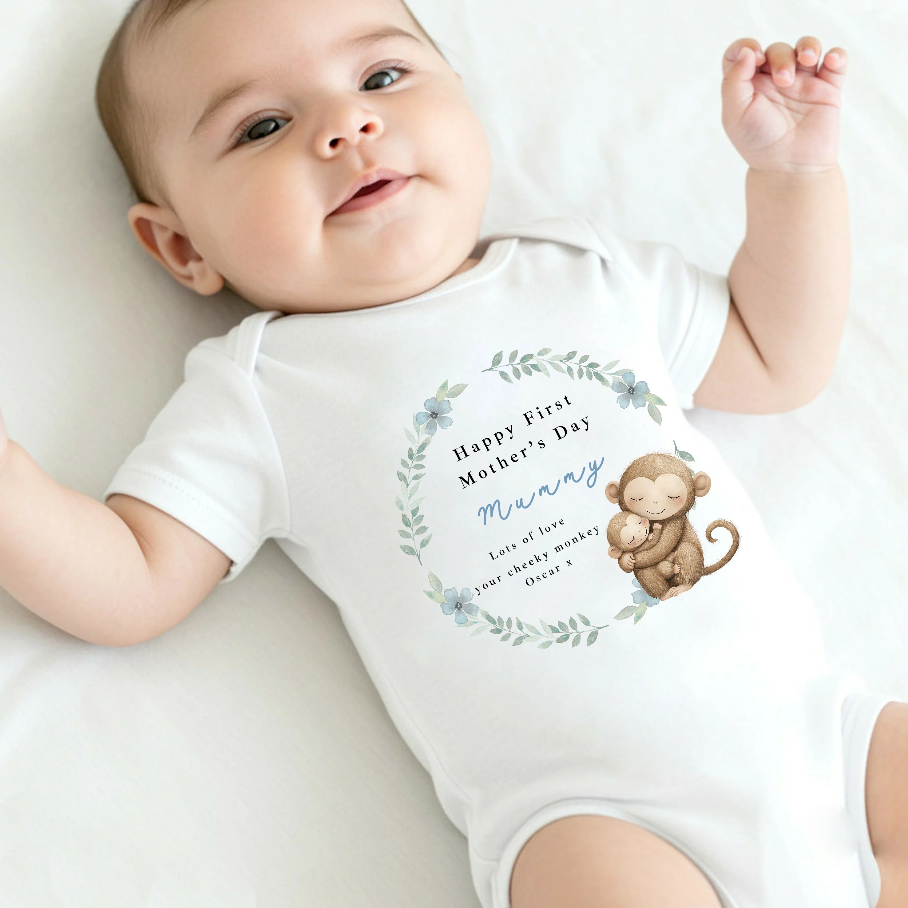 Personalised Monkey Wreath Happy First Mother's Day Baby Grow, Vest or Bib - Image 4