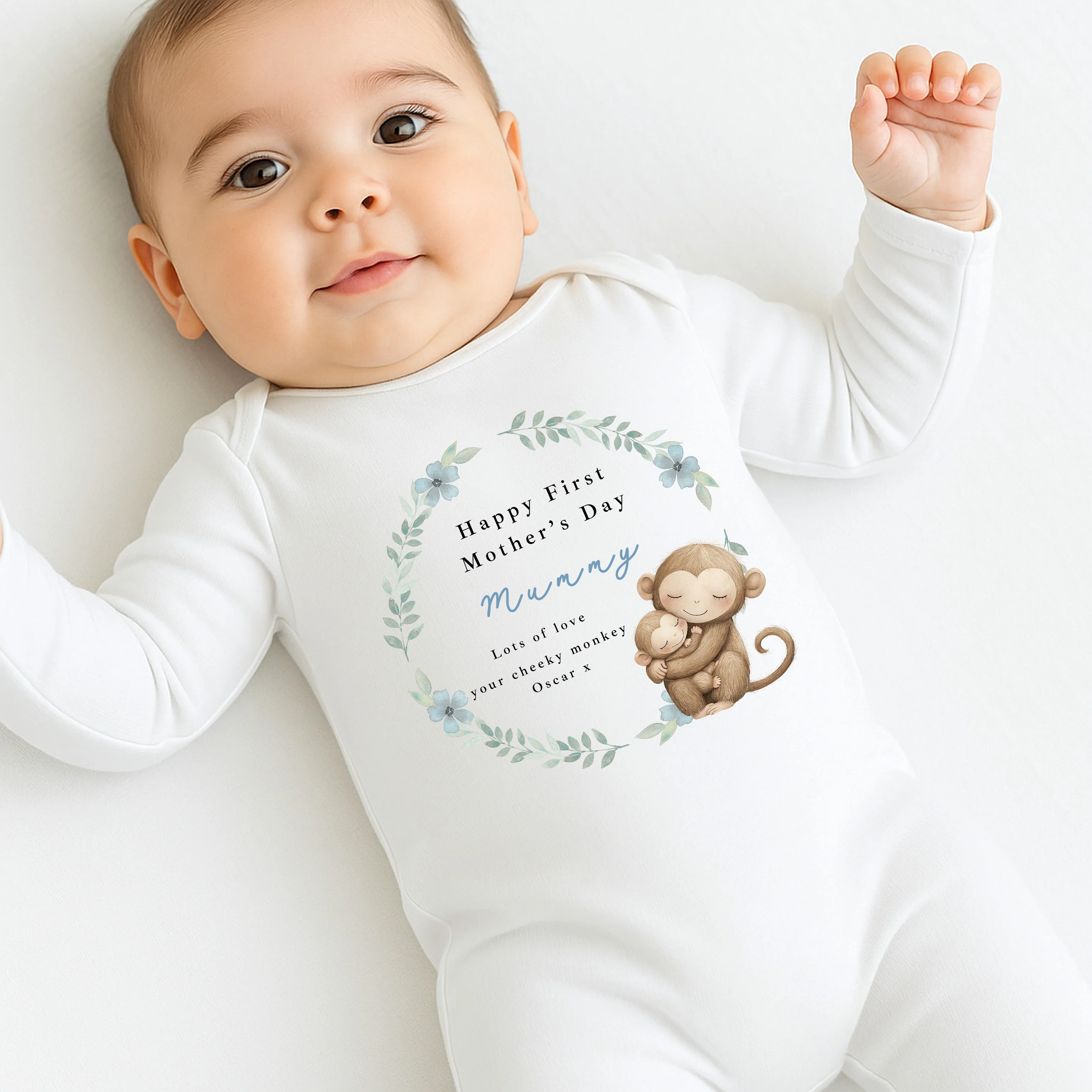 Personalised Monkey Wreath Happy First Mother's Day Baby Grow, Vest or Bib - Image 5