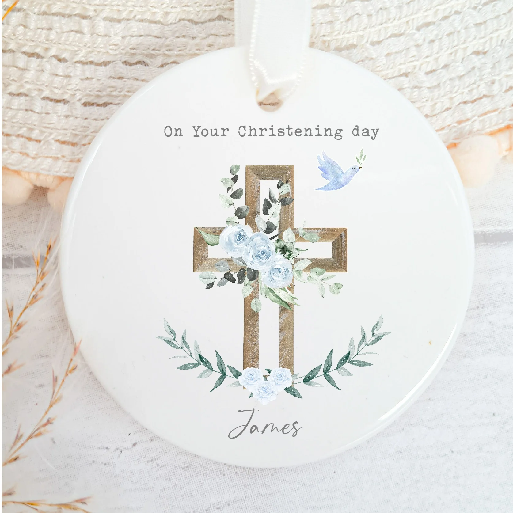 Personalised My Christening Day Blue Ceramic Ornament