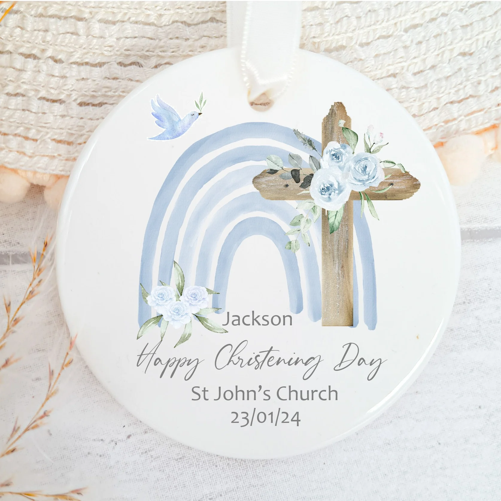 Personalised My Christening Day Blue Ceramic Ornament