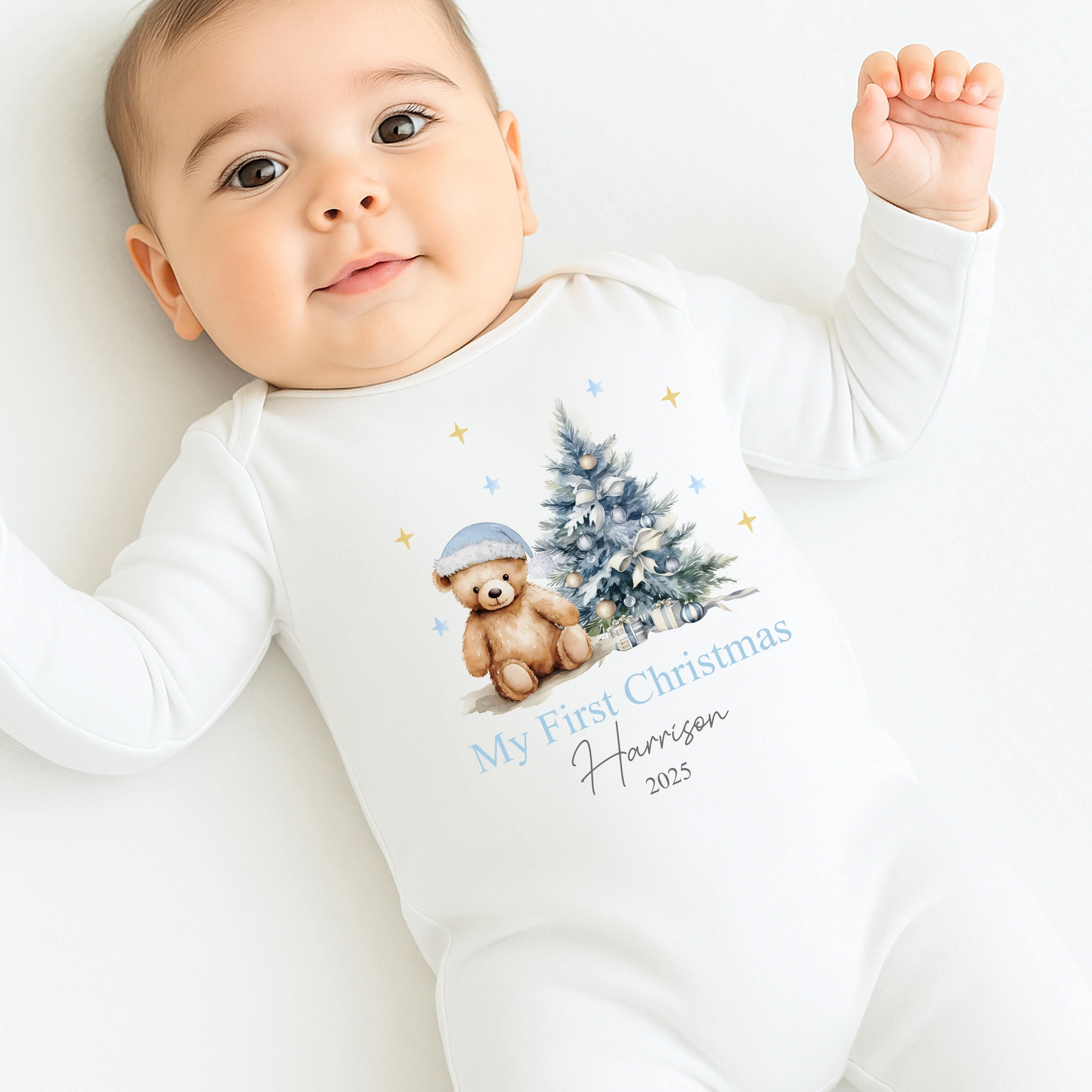 Personalised My First Christmas Blue Teddy Baby Grow/Vest/Bib