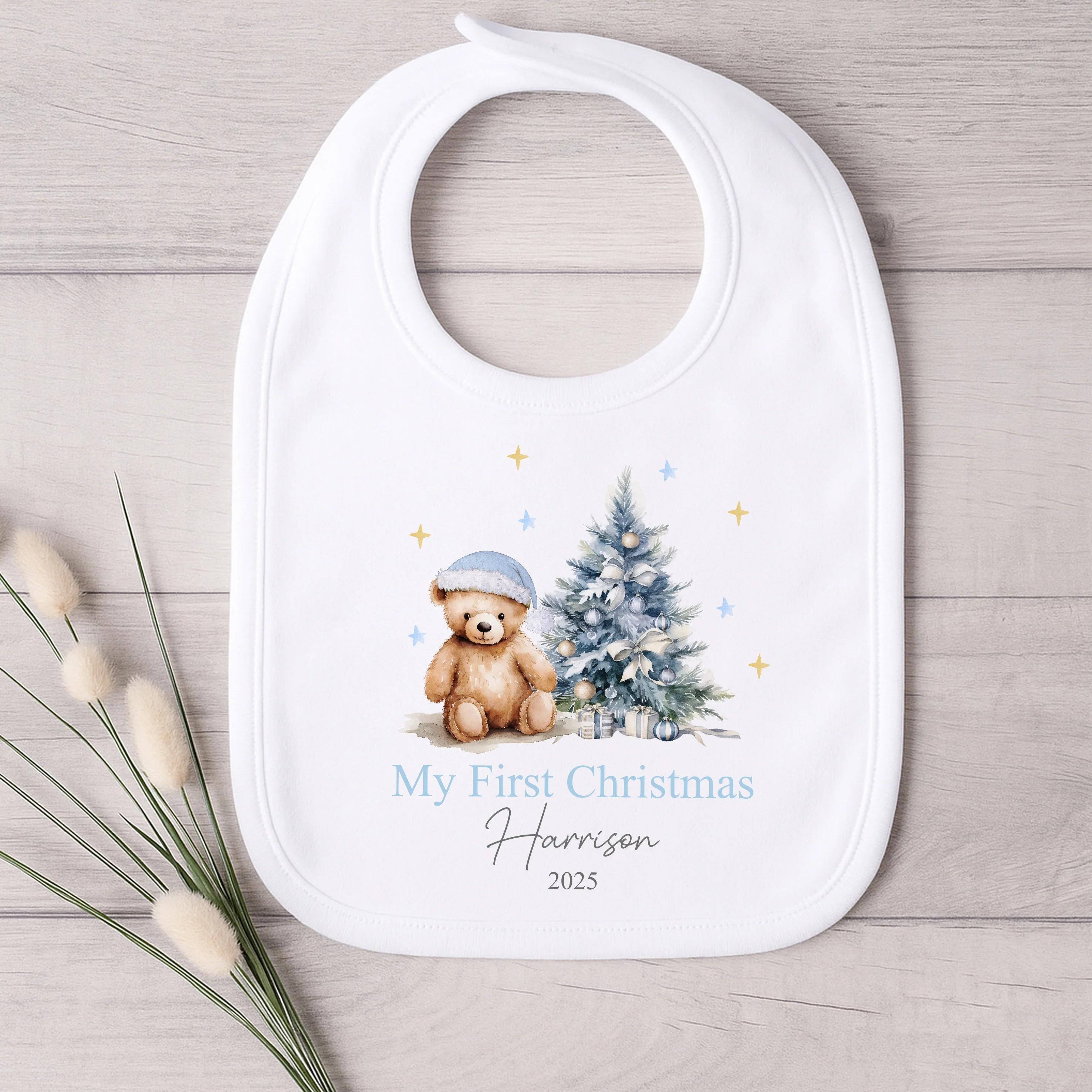 Personalised My First Christmas Blue Teddy Baby Grow/Vest/Bib - Image 2