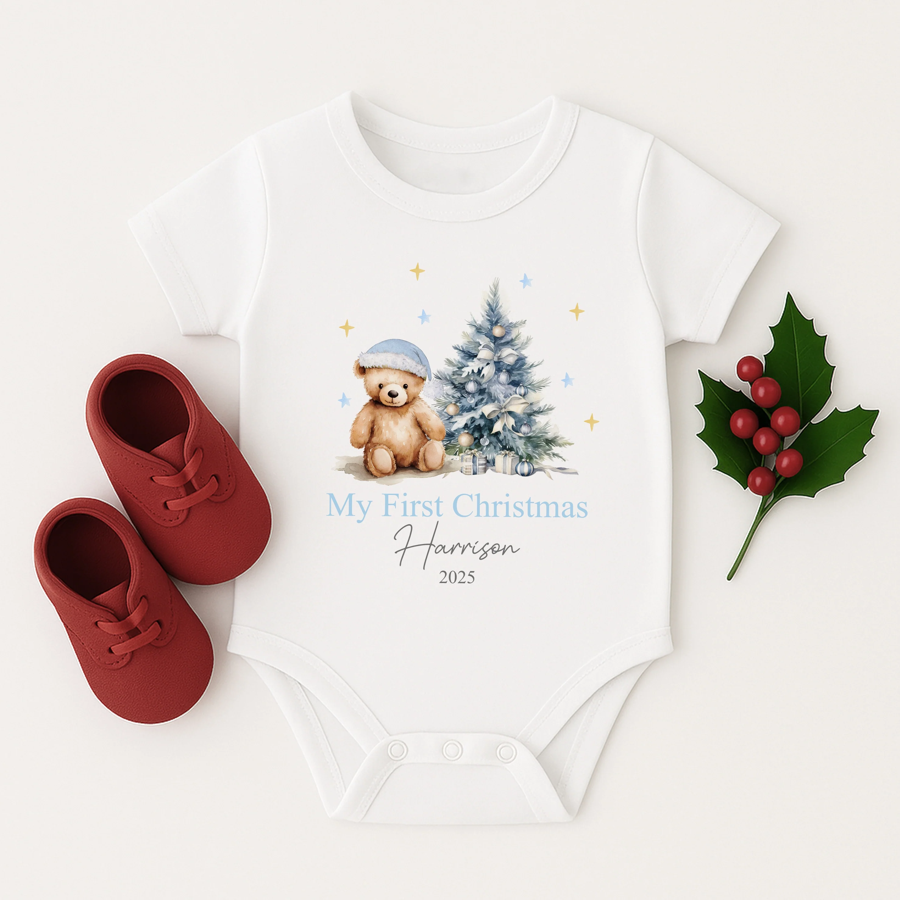 Personalised My First Christmas Blue Teddy Baby Grow/Vest/Bib - Image 3
