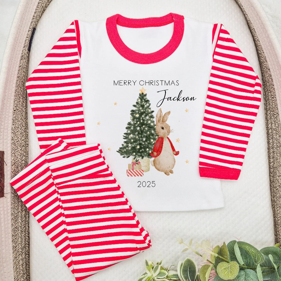 Personalised My First Christmas Red Rabbit Red Stripe Pyjamas - Image 2