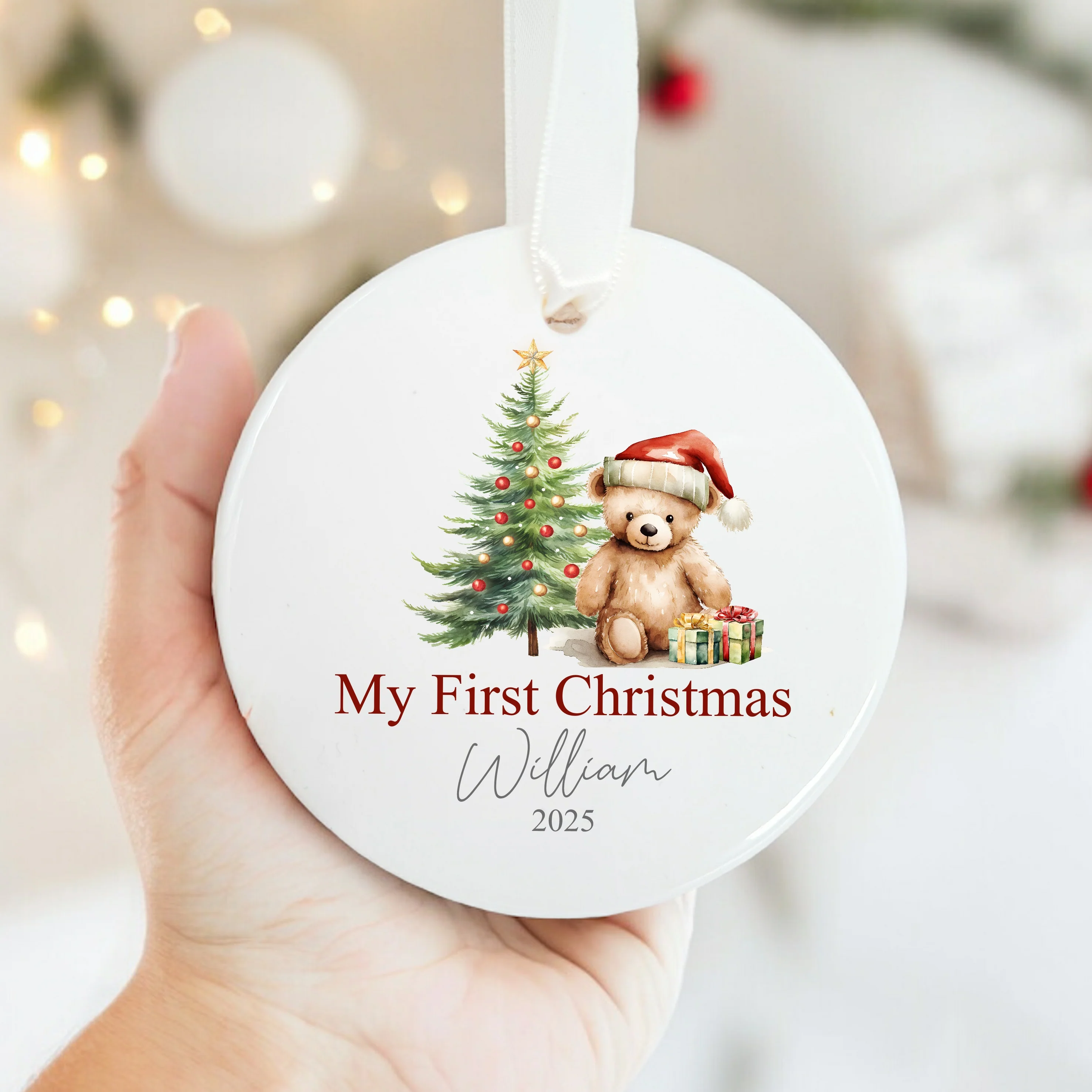 Personalised My First Christmas Red Teddy Ceramic Ornament - Image 3