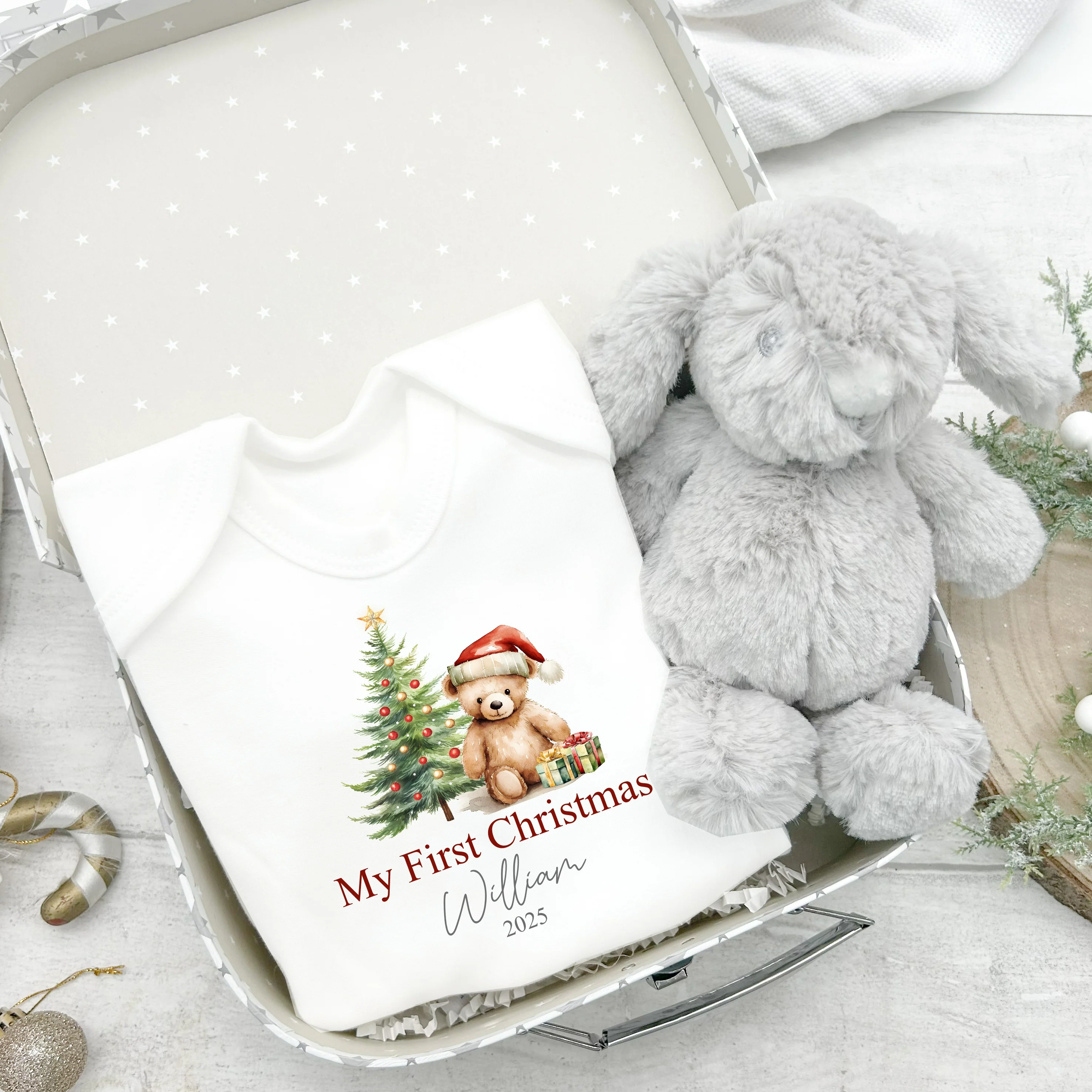 Personalised My First Christmas Red Teddy Hamper Suitcase - Image 2