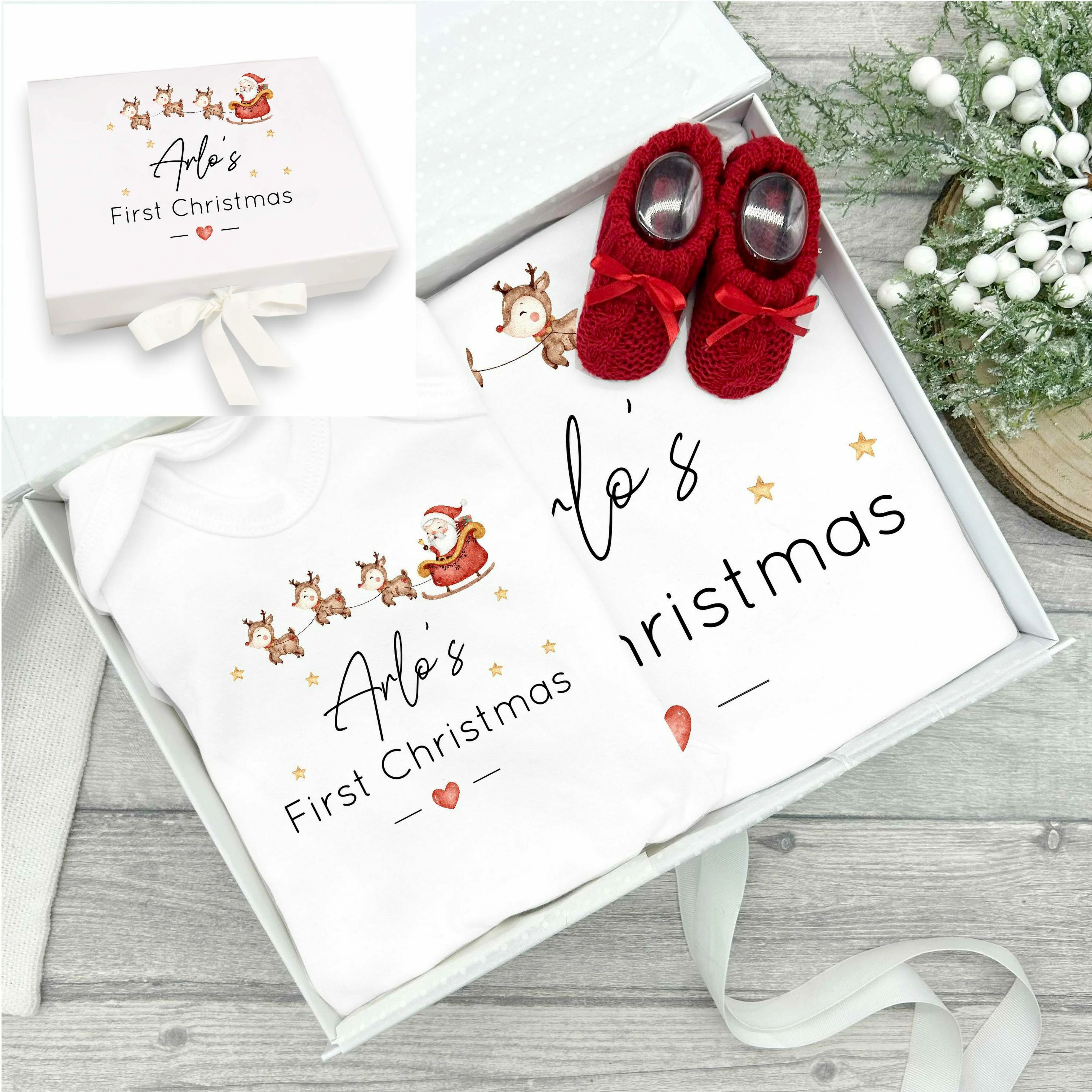 Personalised My First Christmas Santa Sleigh Baby Grow and Blanket Gift Set - Image 3