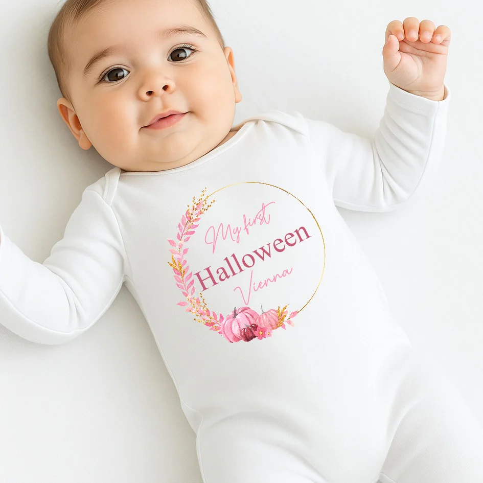Personalised My First Halloween Pink Wreath Babygrow/Vest/Bib