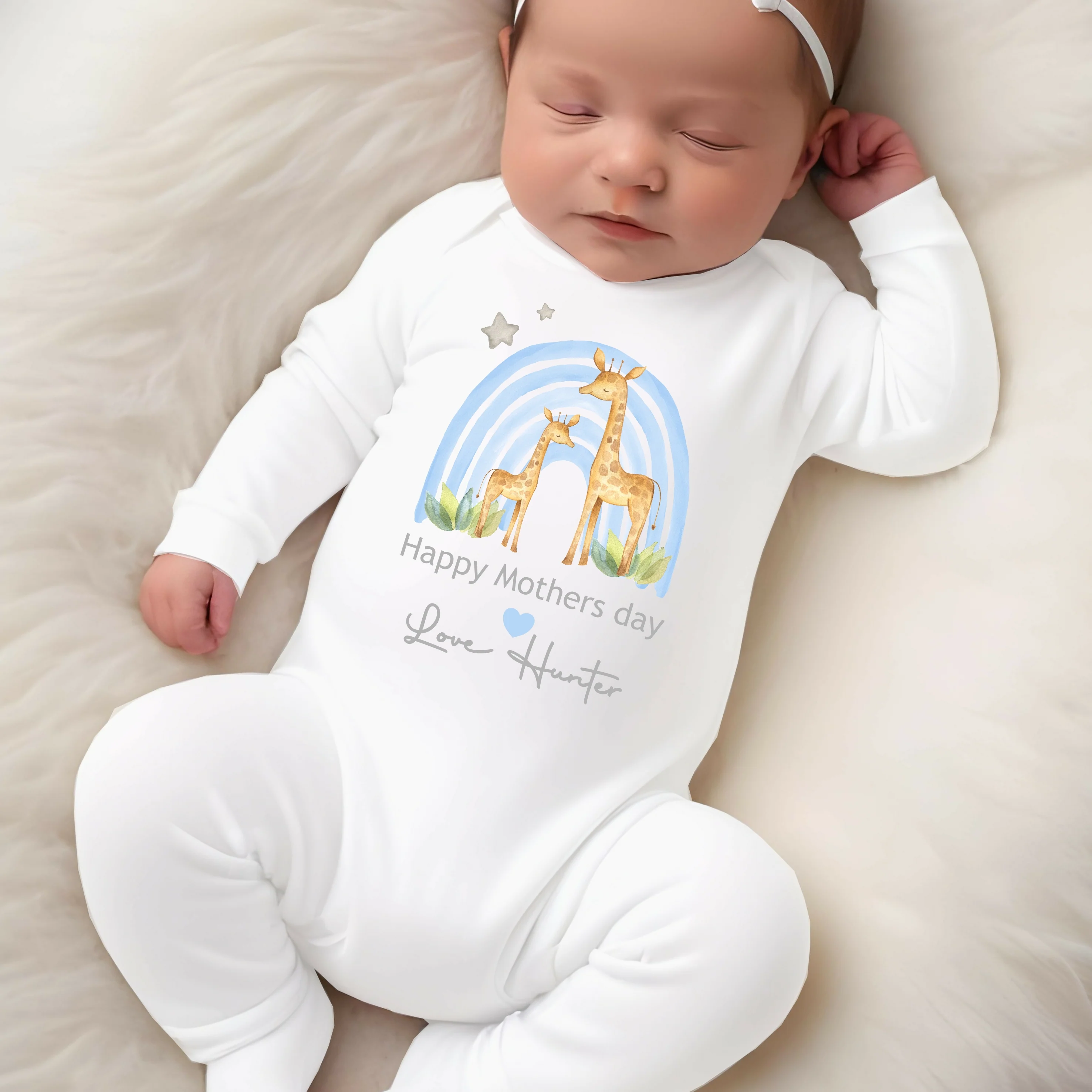 Personalised Our First Mother's Day Blue Rainbow Giraffe Baby Grow or Vest - Image 2