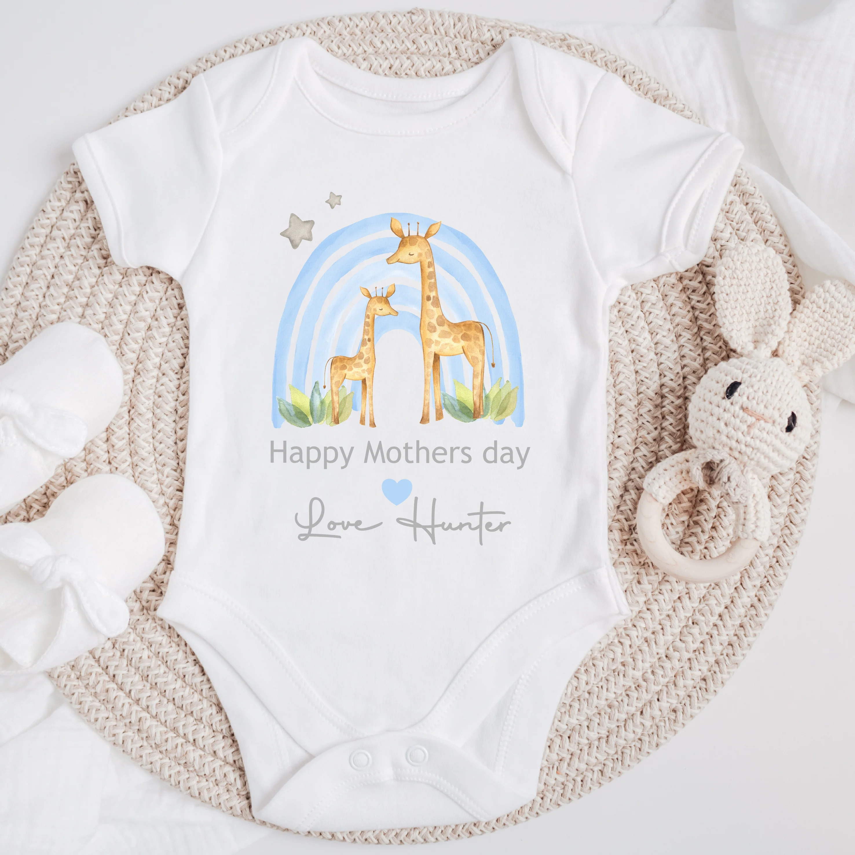 Personalised Our First Mother's Day Blue Rainbow Giraffe Baby Grow or Vest - Image 3