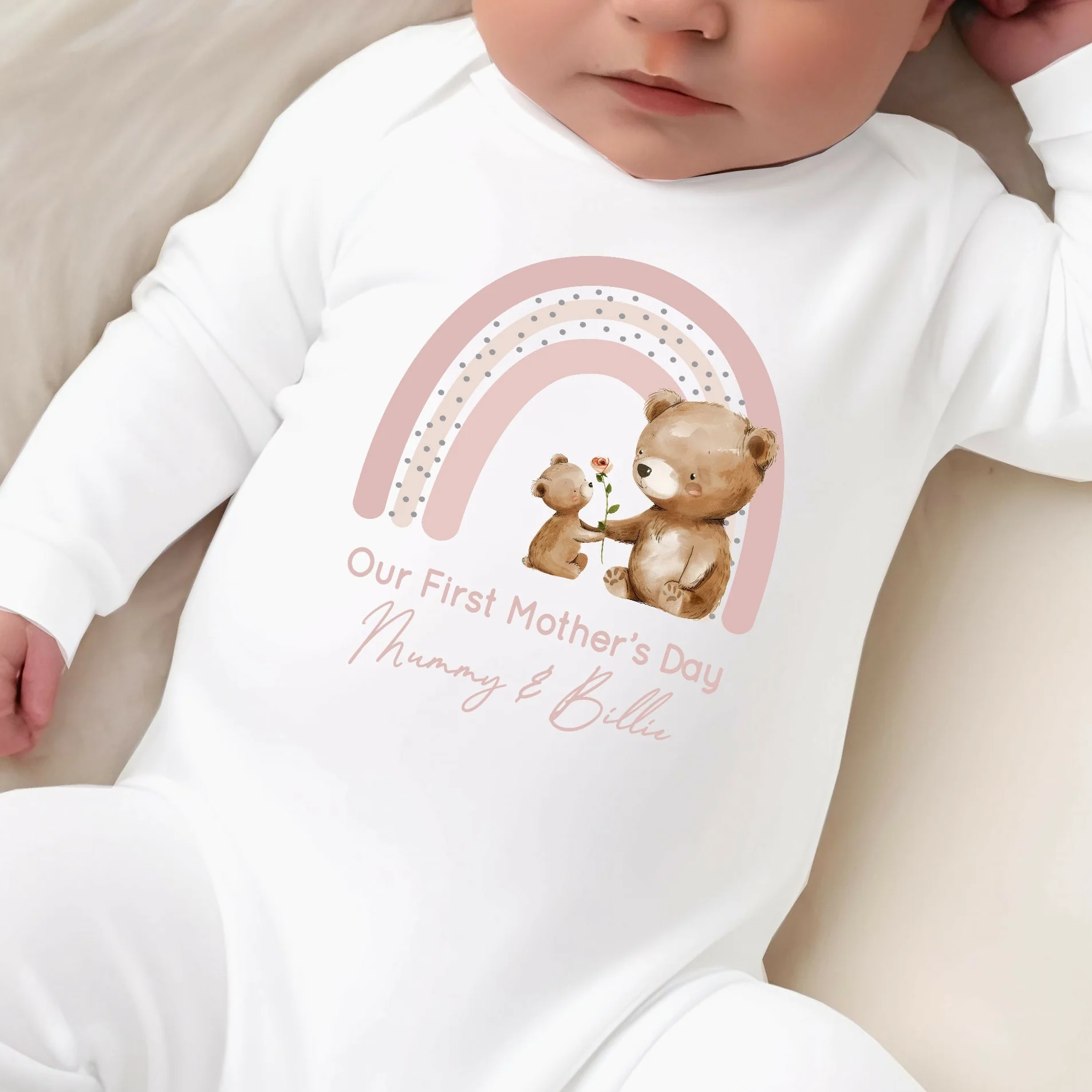 Personalised Our First Mother's Day Pink Bears Rainbow Babygrow/Vest