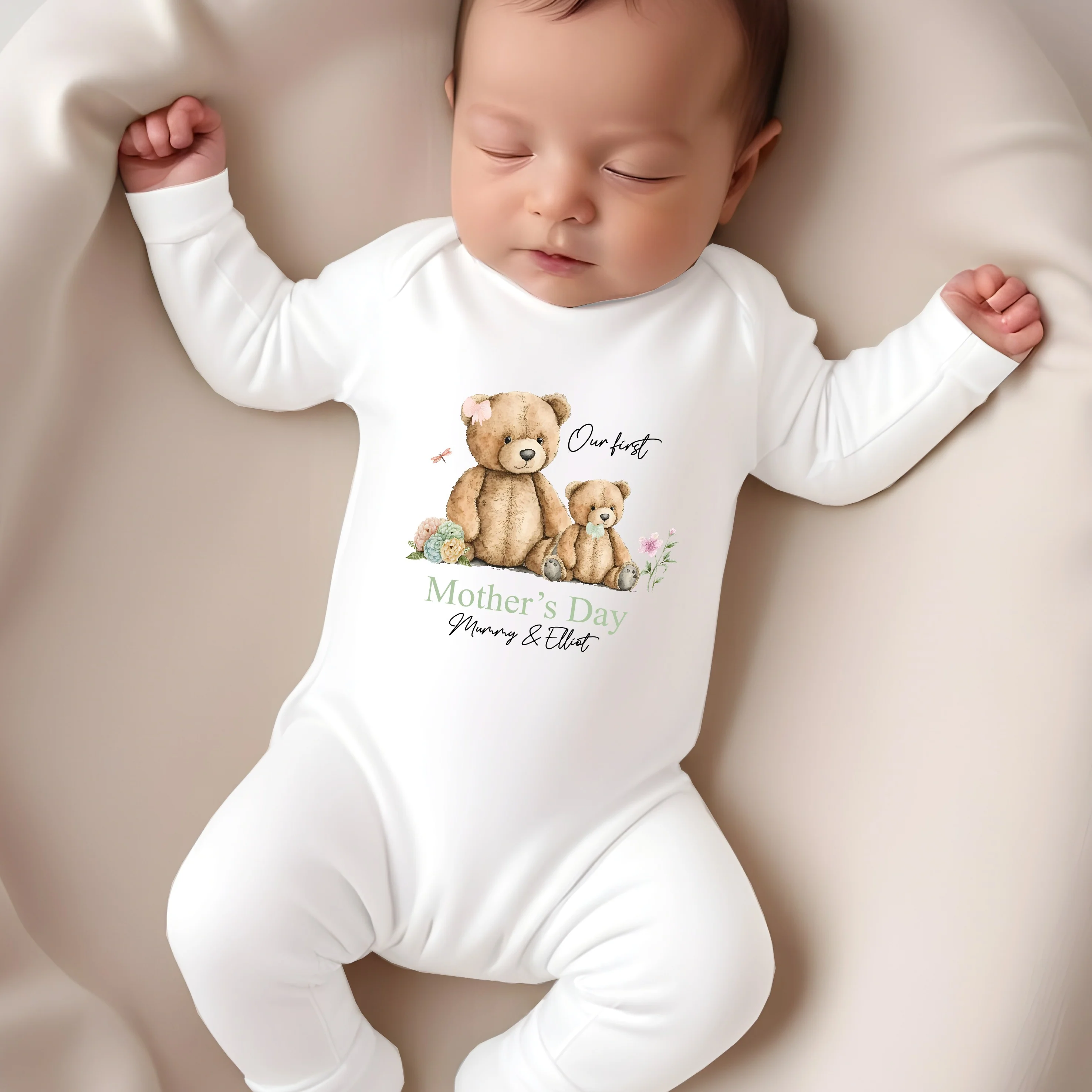 Personalised Our First Mother's Day Sage Teddy Baby Grow or Vest - Image 3