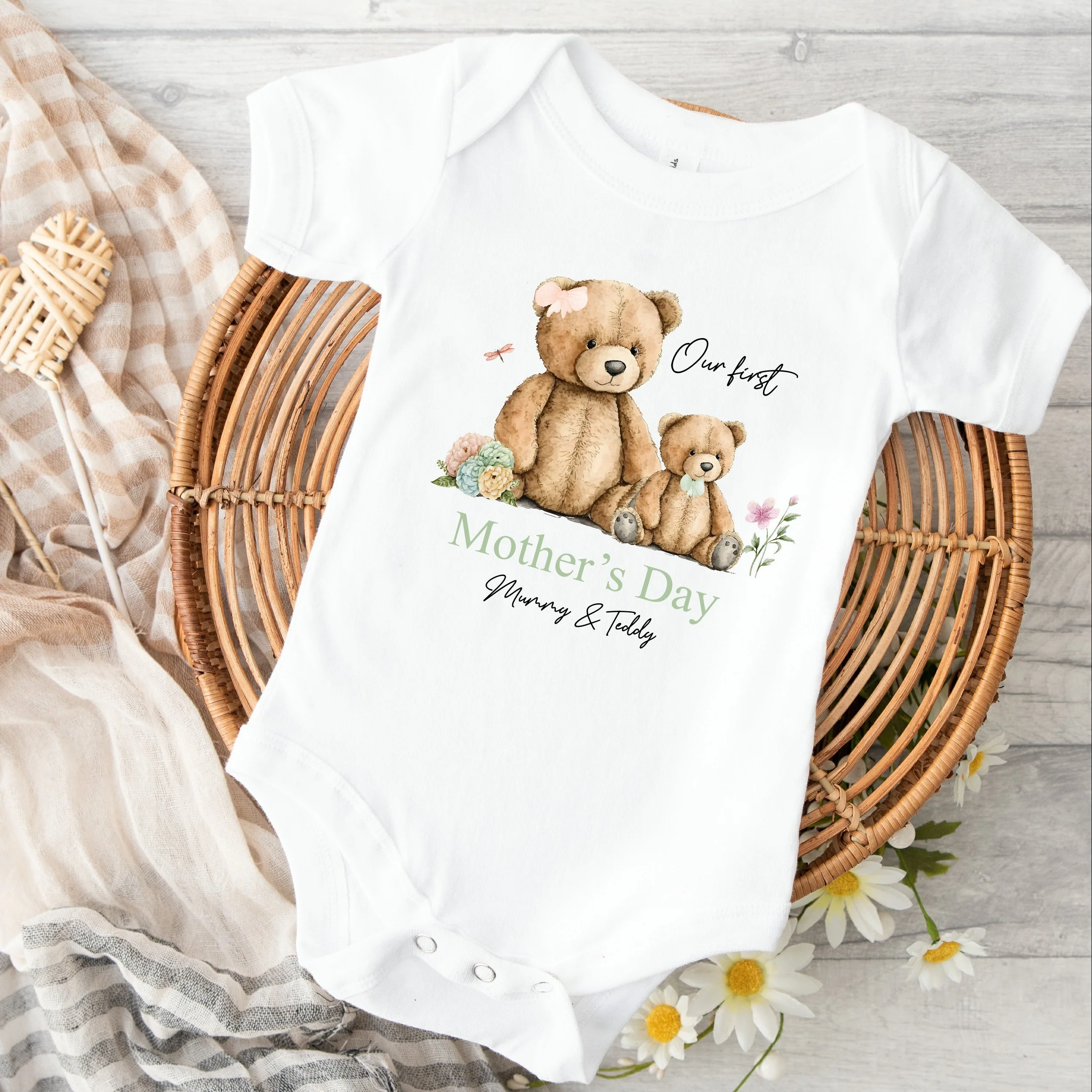 Personalised Our First Mother's Day Sage Teddy Baby Grow or Vest - Image 4