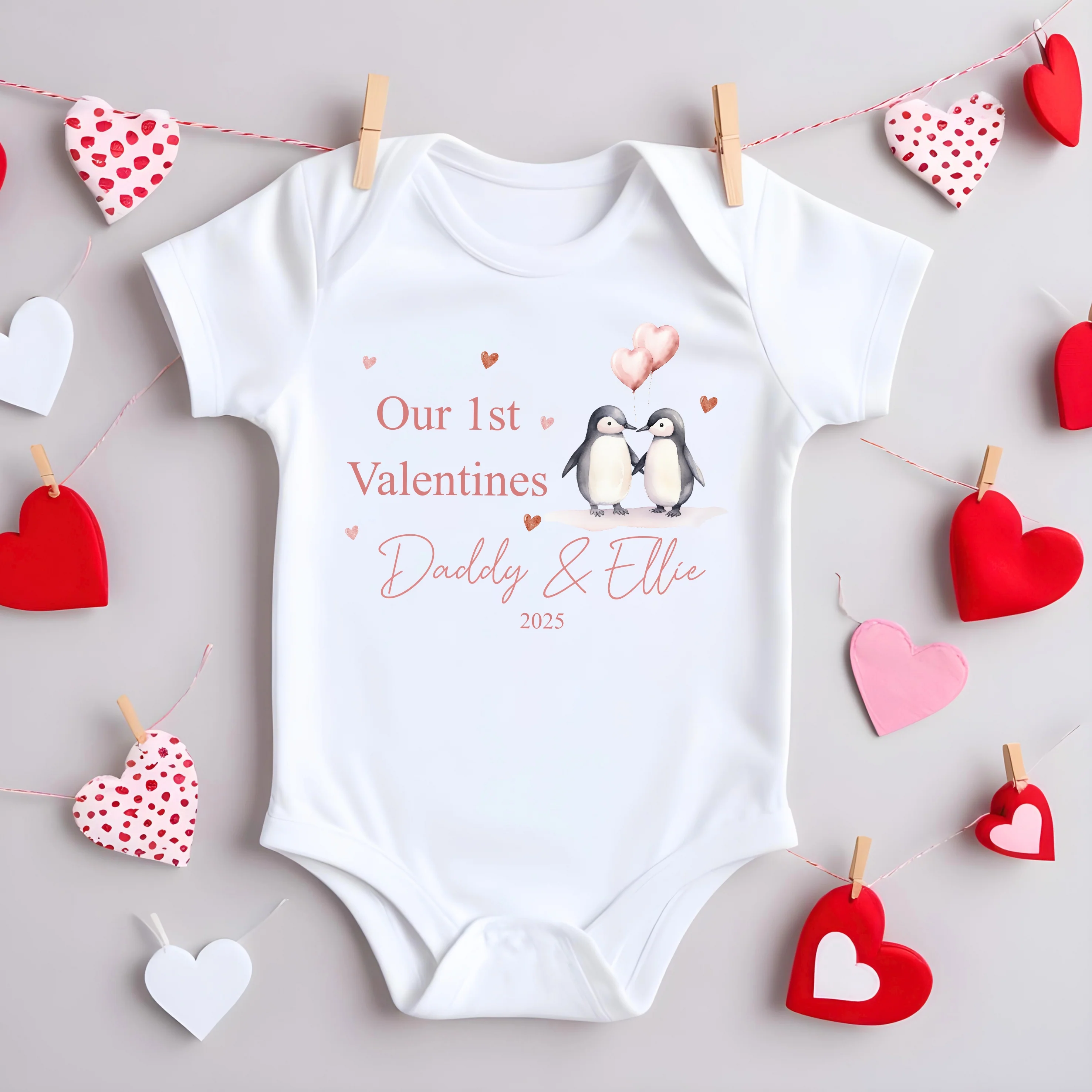 Personalised Our First Valentines Day Penguins Baby Grow or Vest - Image 4