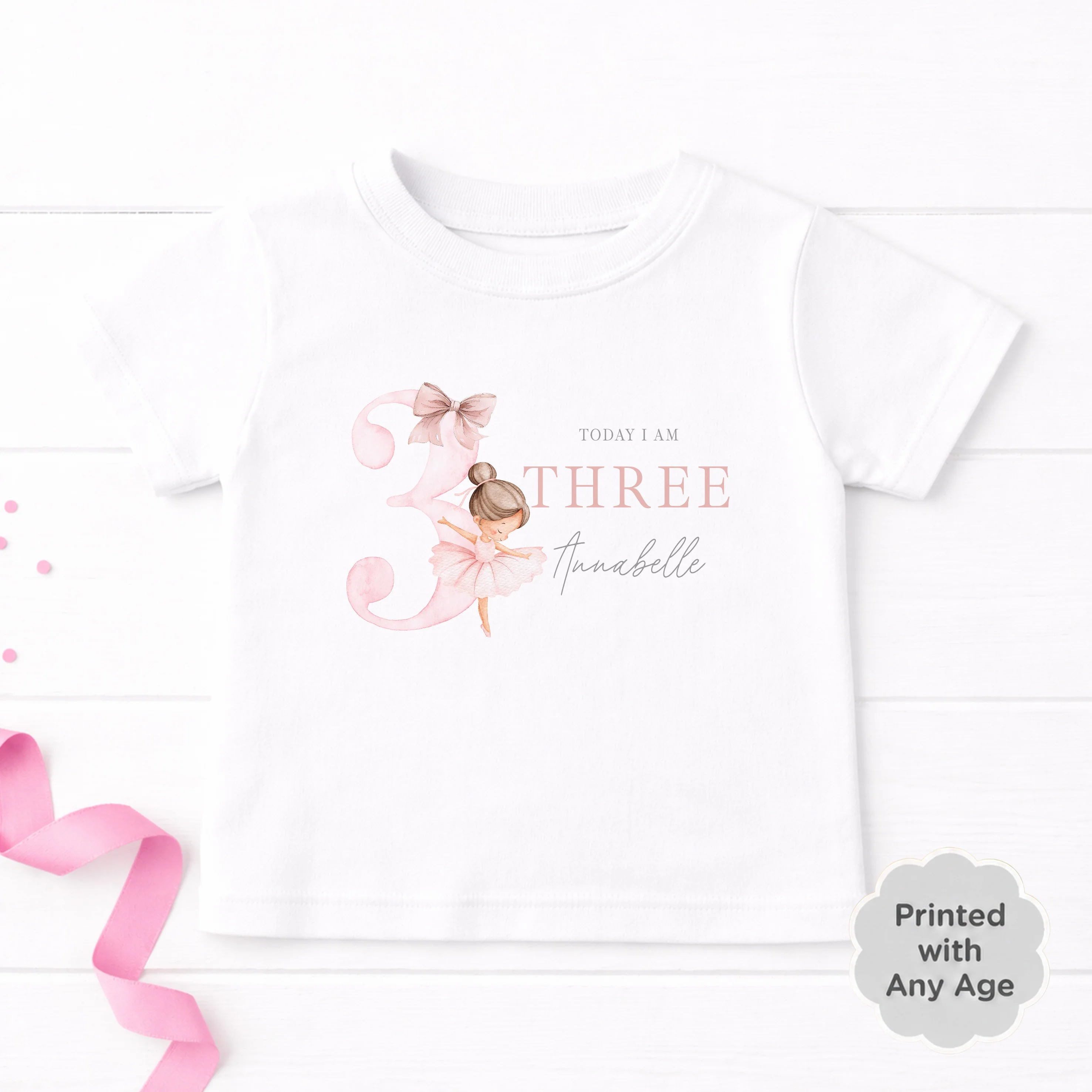 Personalised Pink Ballerina Any Age Birthday T-Shirt