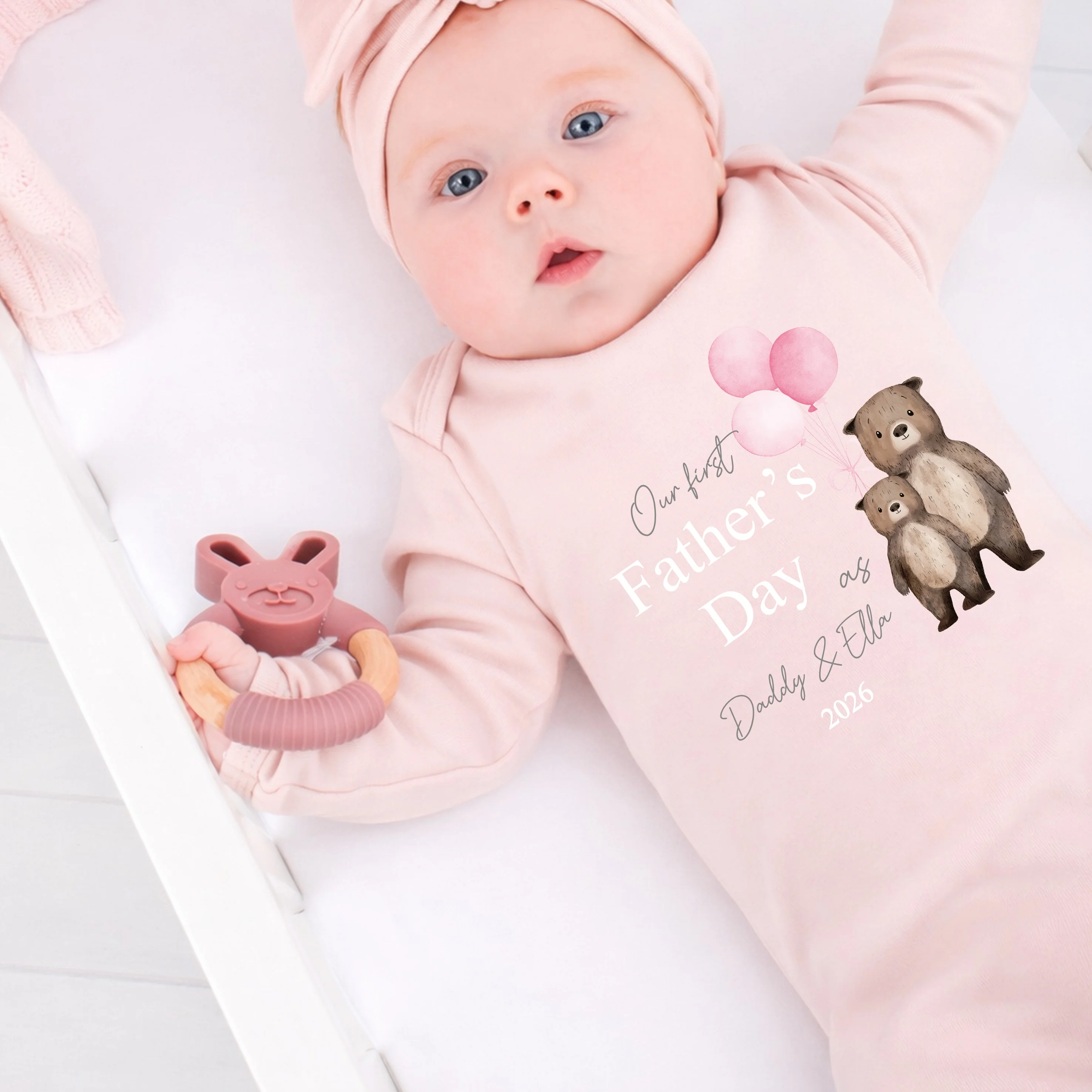 Personalised Pink Balloons Bears Father's Day Pink Baby Grow or Vest - Image 8