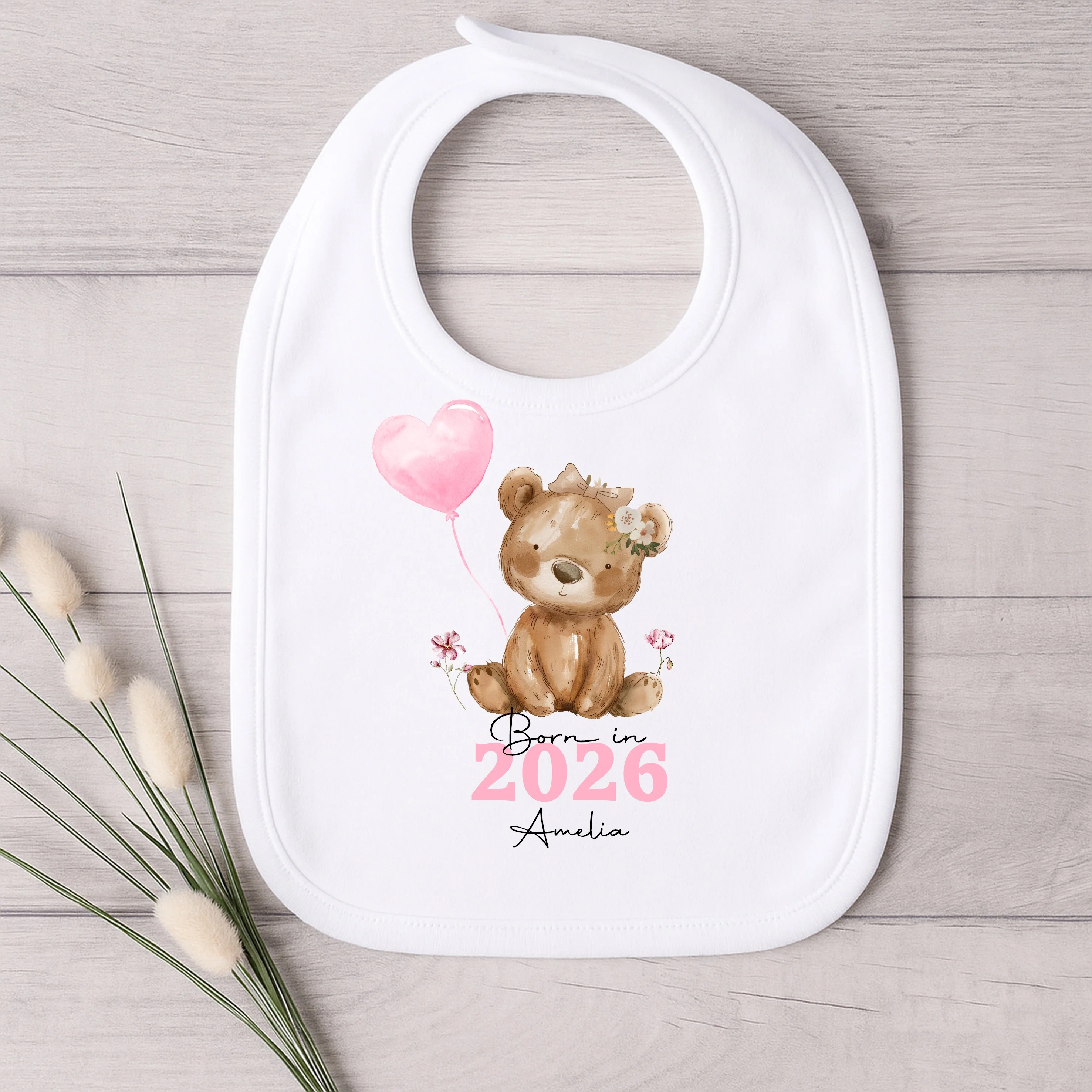 Personalised Pink Bear Born in 2026 Baby Grow, Vest or Bib - Image 3